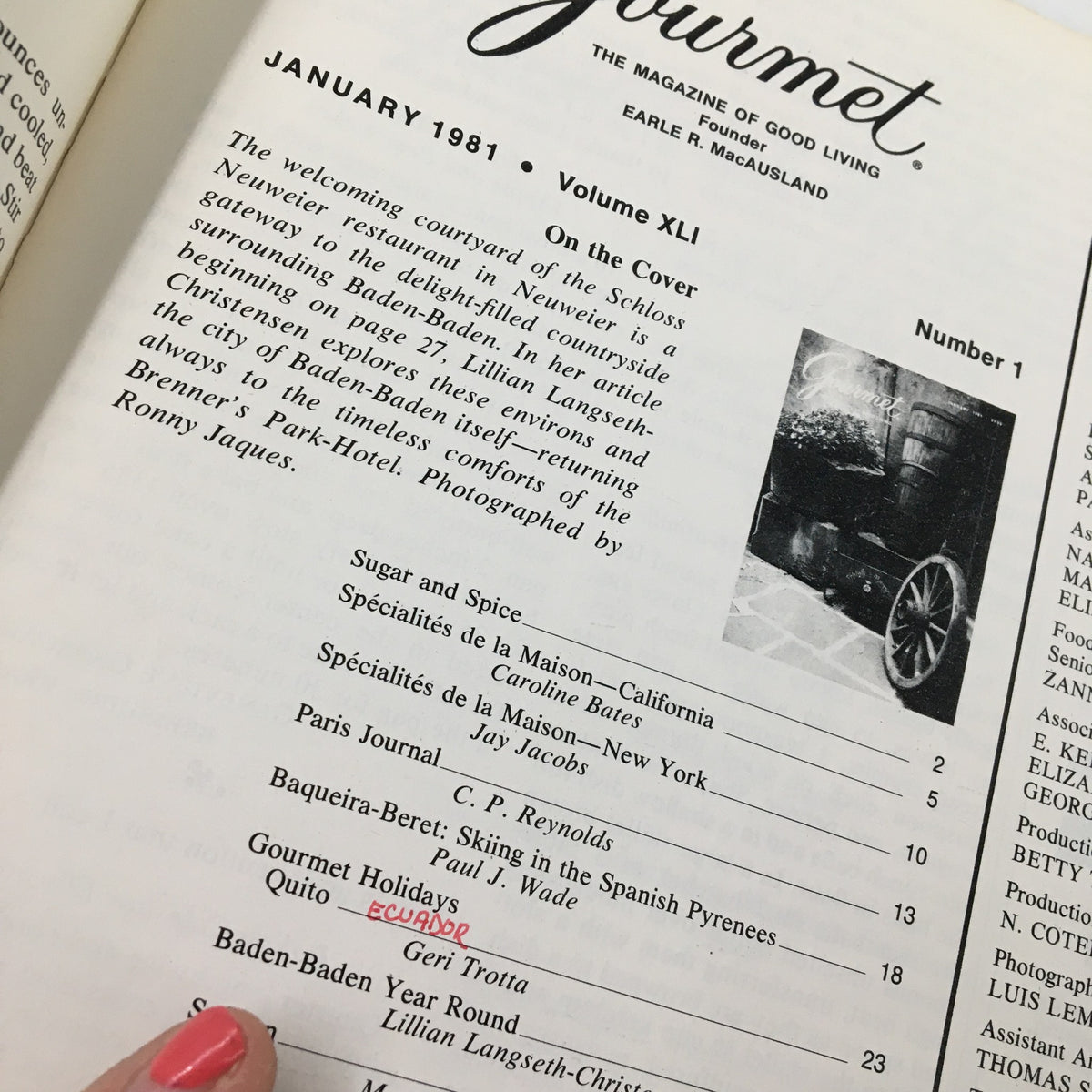 Close-up view of the table of contents in VTG Gourmet Magazine January 1981 highlighting the 'Gourmet Holidays' article and other features.