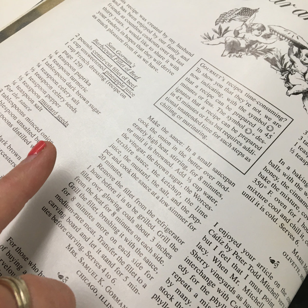 Close-up detail of a recipe from Gourmet Magazine July 1984, with a finger pointing at the text, illustrating the publication's classic cooking instructions and insights.