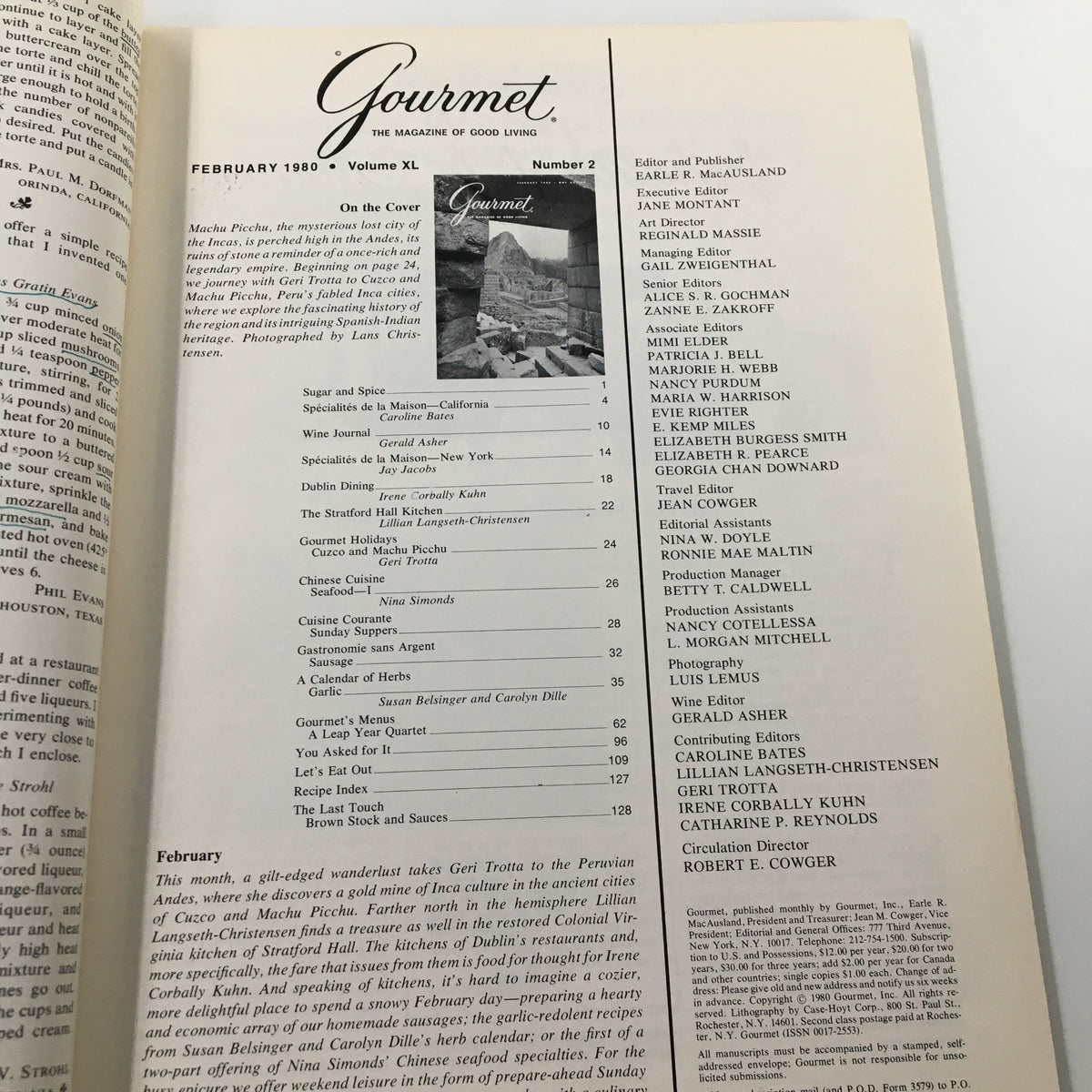 Inside page of VTG Gourmet Magazine February 1980. The page displays the table of contents featuring an article about Machu Picchu and its cultural significance, along with other culinary topics and contributors related to gourmet living.