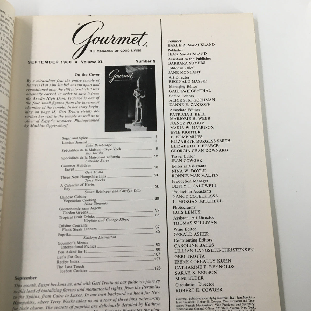 Table of contents from the September 1980 issue of Gourmet Magazine, highlighting culinary topics and contributors, alongside a photograph of the Temple of Ramses II.