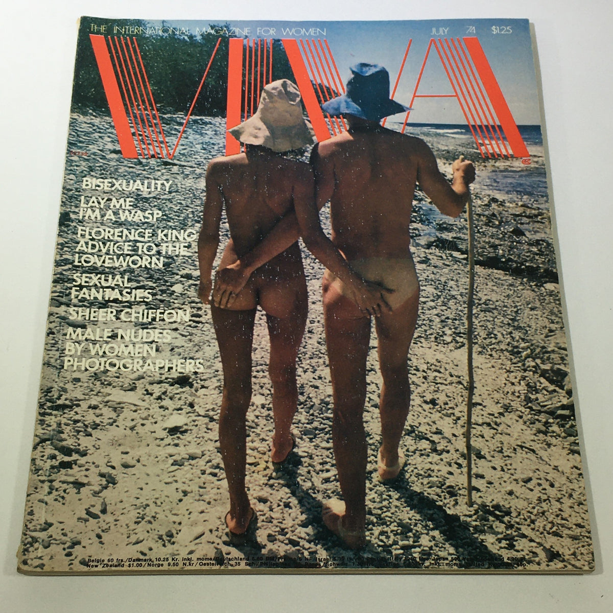 Cover of VTG Viva Magazine: July 1974 featuring Male Nudes by Women Photographers, showcasing two individuals on a beach, embracing each other.