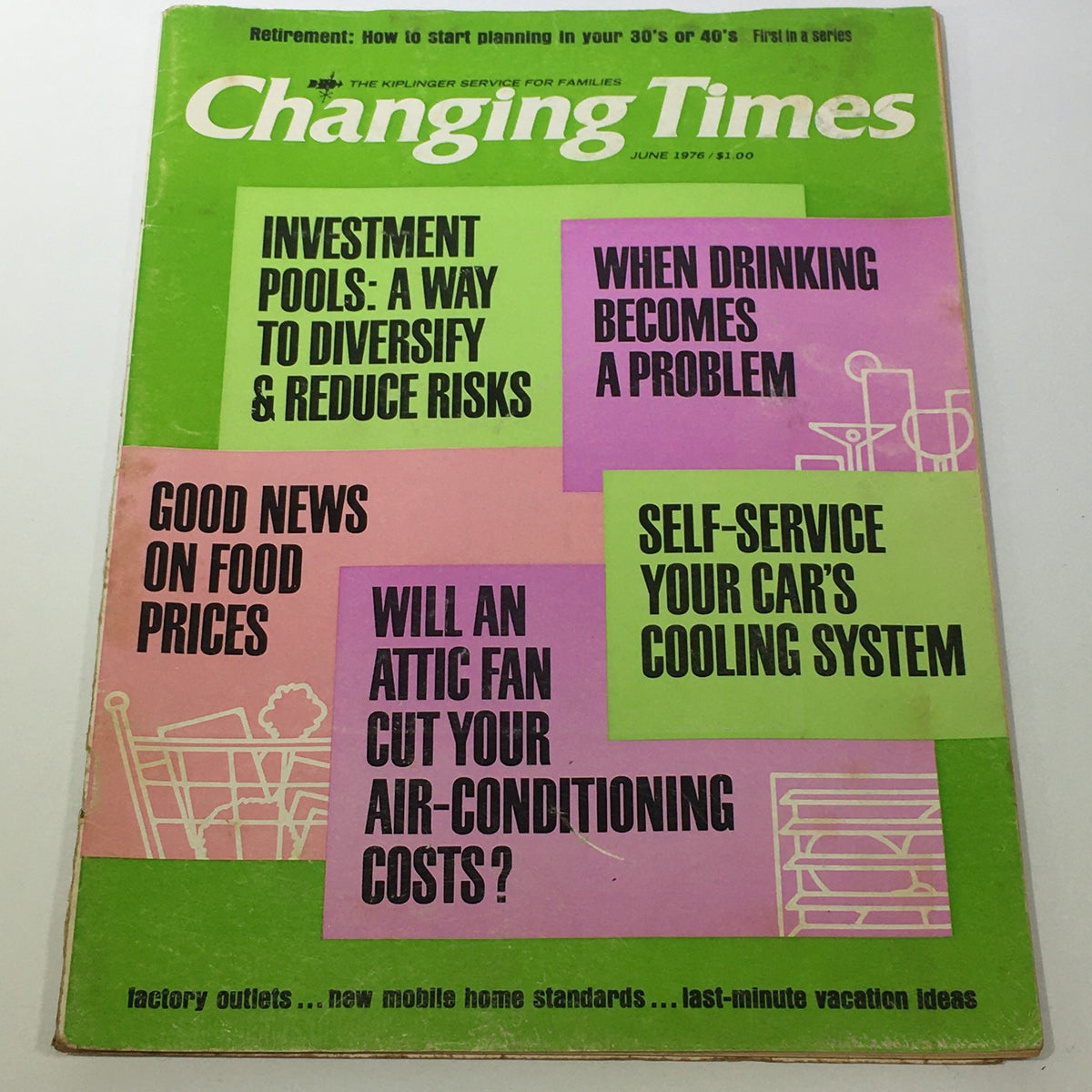 Vintage Changing Times Magazine from June 1976, featuring headlines on investment pools, food prices, and self-service car maintenance.