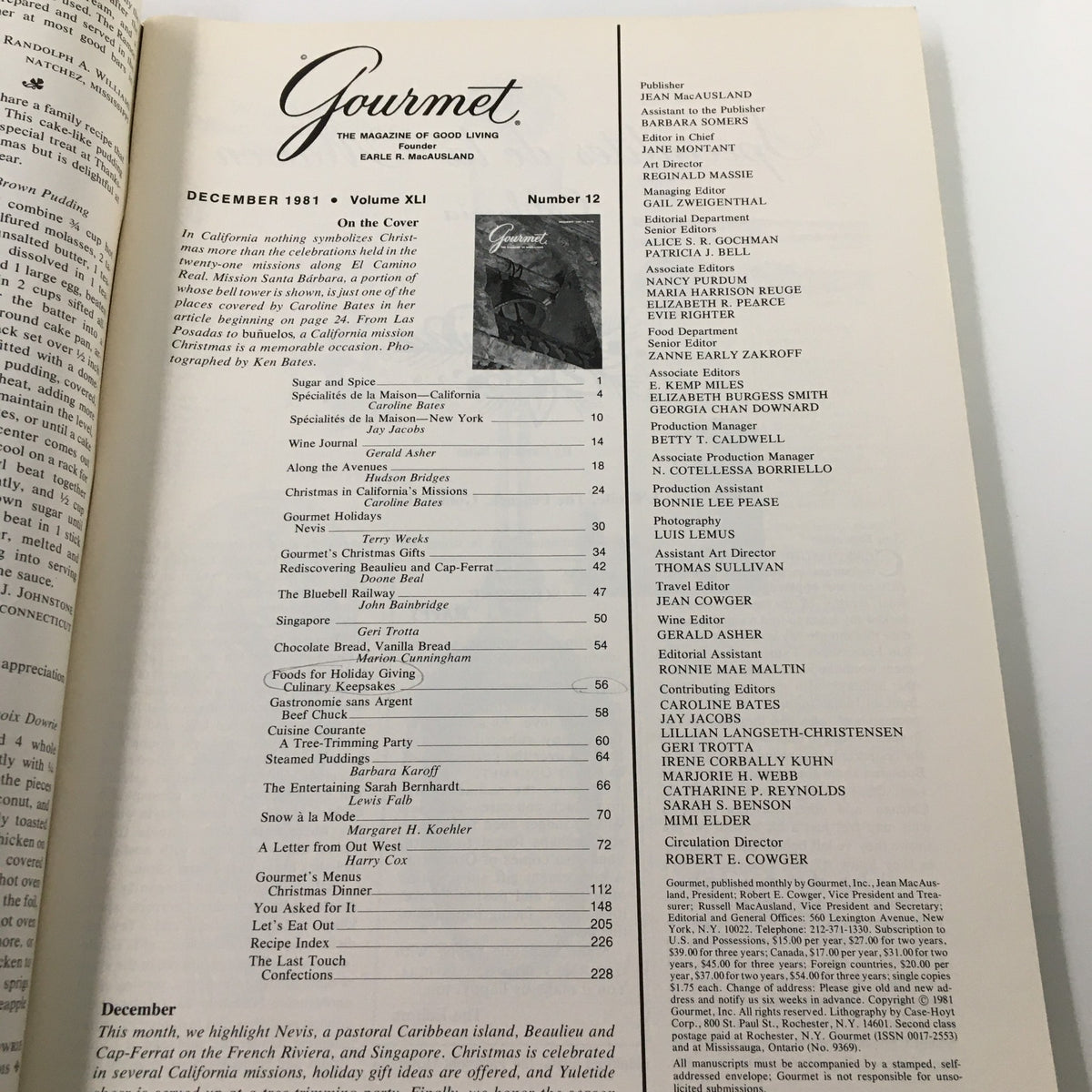 Table of contents page from VTG Gourmet Magazine December 1981, showcasing featured articles and recipes related to 'Twenty-One Missions El Camino Real'.