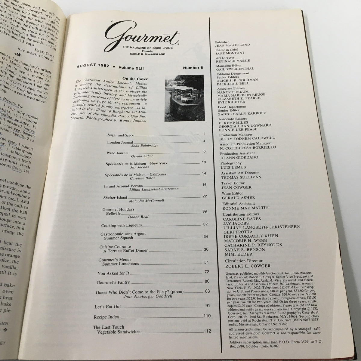 Table of contents of VTG Gourmet Magazine August 1982, outlining featured articles and recipes illustrating culinary insights and trends.
