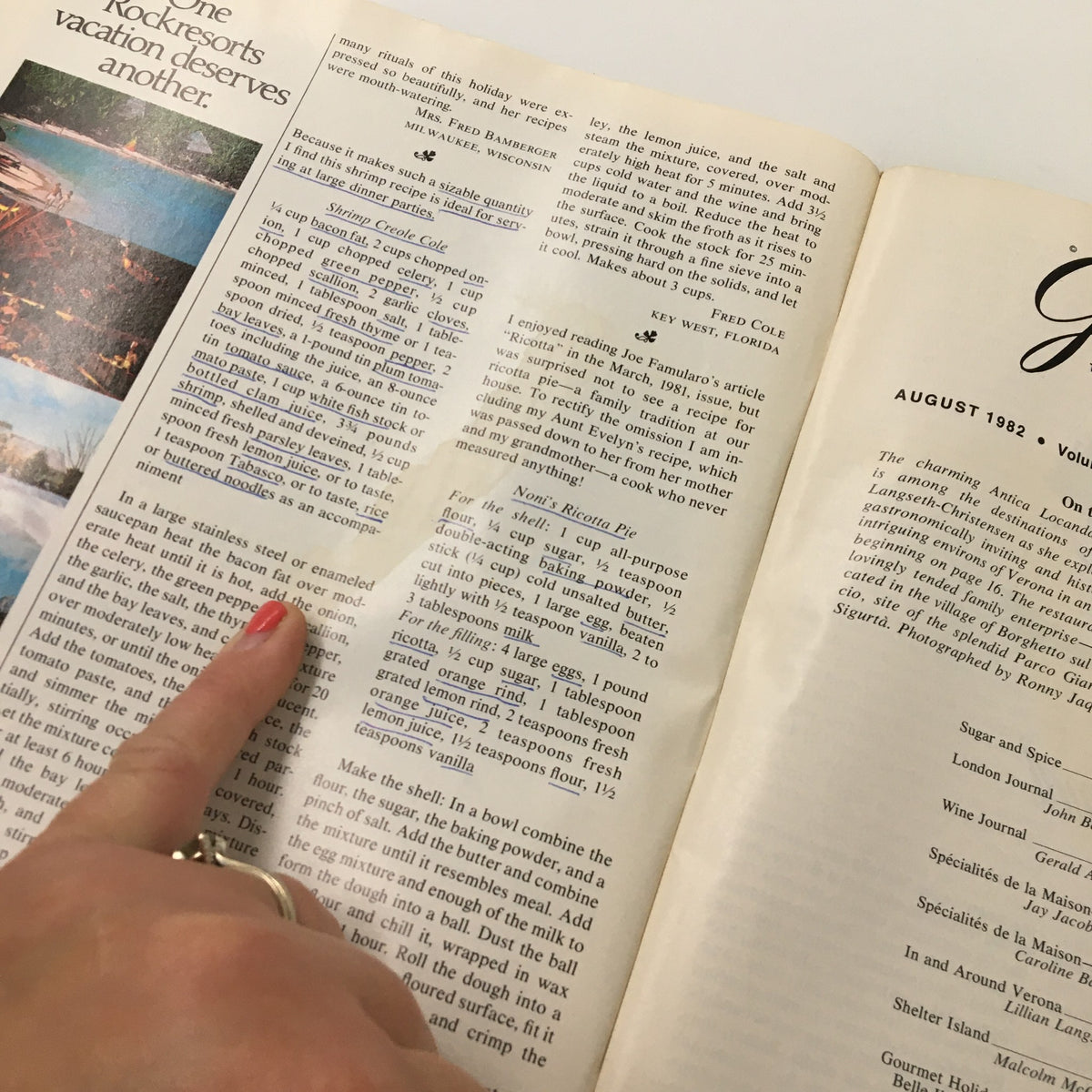 Close-up of a recipe page in VTG Gourmet Magazine August 1982, highlighting ingredients and instructions for culinary dishes, with a personal touch of annotations.