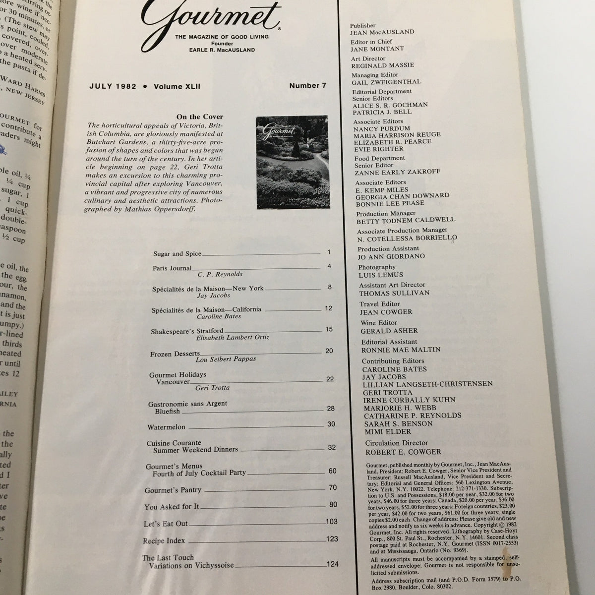 Interior page of VTG Gourmet Magazine July 1982, showcasing the table of contents and contributor details for the issue related to culinary and gardening themes.
