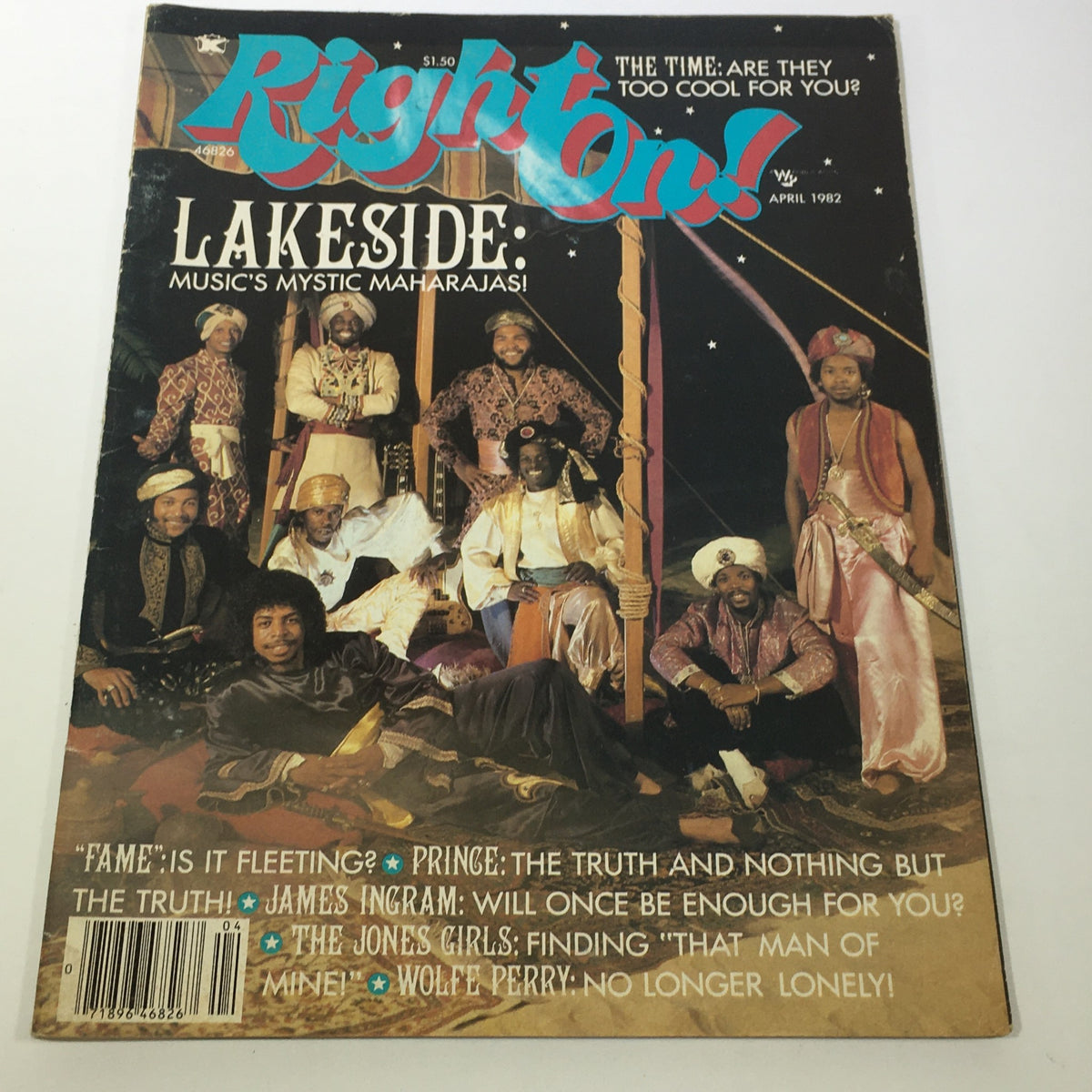 Cover of VTG Right On Magazine: April 1982 featuring Lakeside Music's Mystic Maharajas, showcasing a vibrant illustration of iconic musicians, a must-have for collectors.