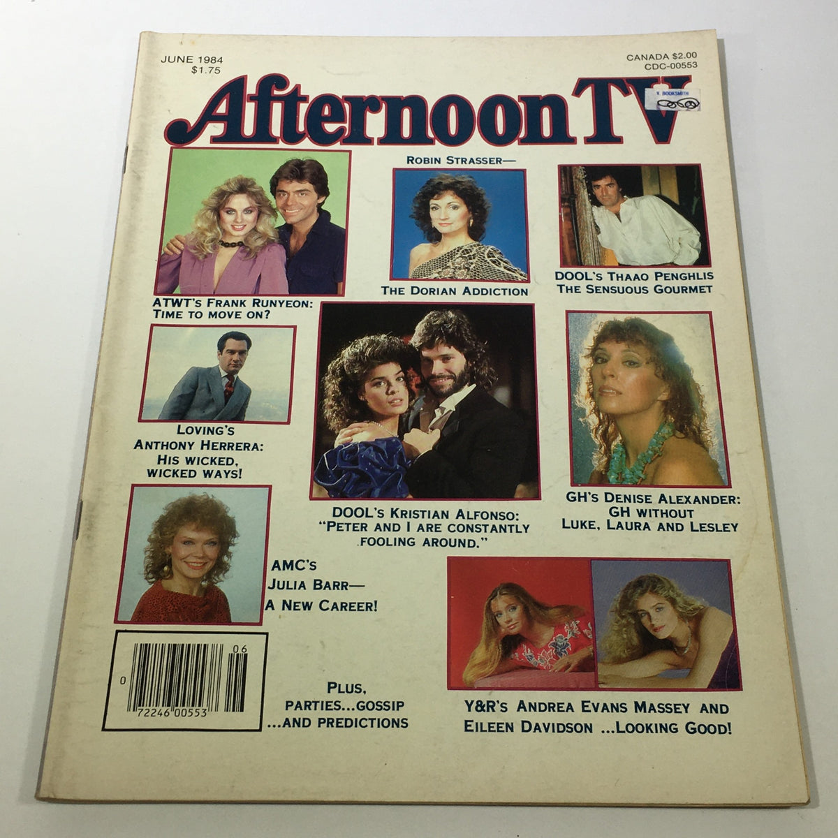 Front cover of the VTG Afternoon TV Magazine: June 1984 featuring stars like Robin Strasser and Anthony Herrera, showcasing popular soap opera personalities and nostalgic television culture.