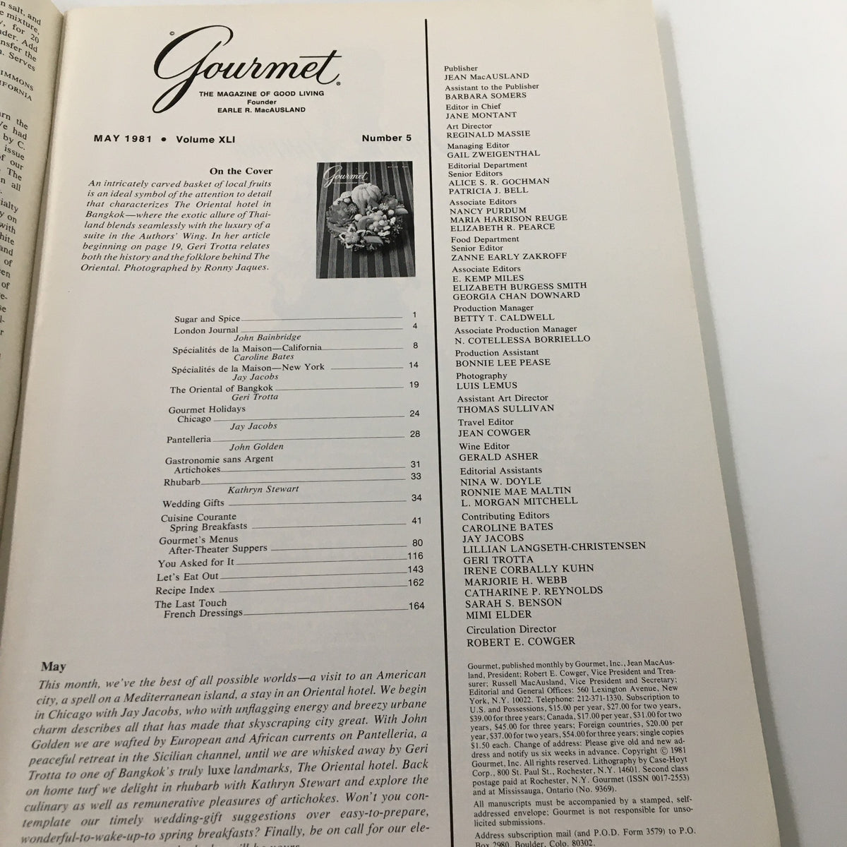 Interior page of VTG Gourmet Magazine May 1981 showcasing the Table of Contents, including articles and features like gourmet holidays and recipes from prominent chefs.