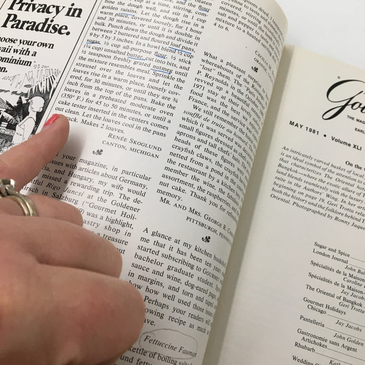 Detail of an interior page from VTG Gourmet Magazine May 1981, featuring an article with hand annotations, giving a glimpse into its vintage charm.