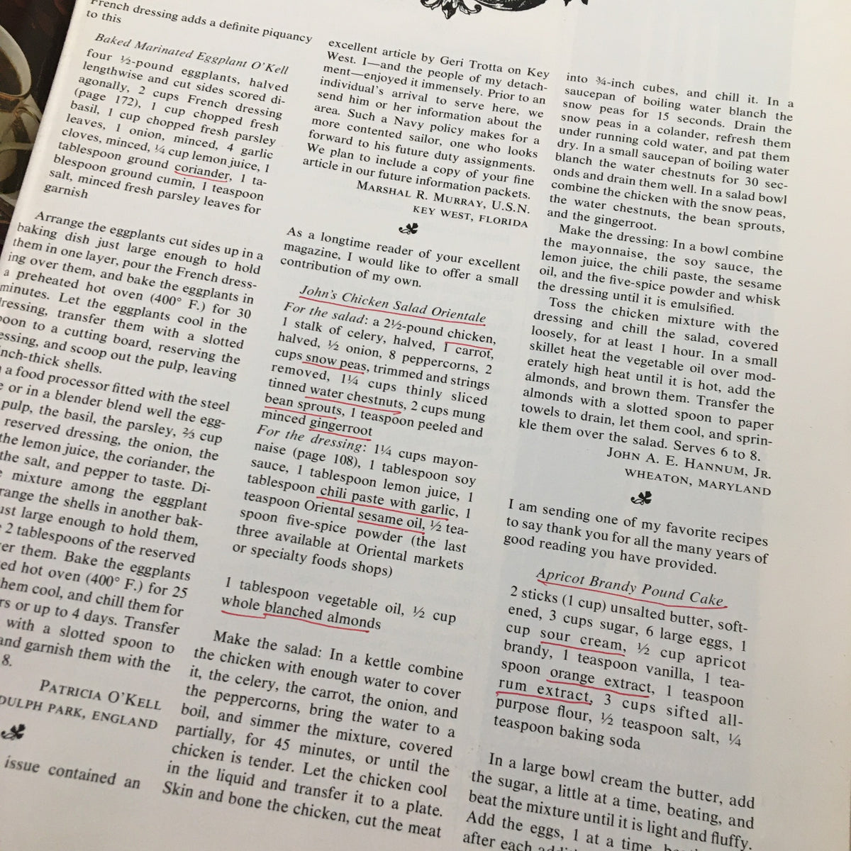 Recipe page from VTG Gourmet Magazine May 1982 featuring John’s Chicken Salad Orientale and Apricot Brandy Pound Cake, showcasing vintage culinary delights.