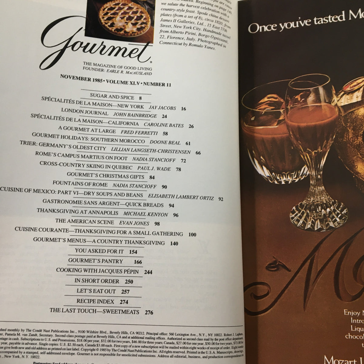 Table of contents page from VTG Gourmet Magazine November 1985 showcasing various culinary articles including 'The Last Touch Sweetmeats.' Highlights the magazine's gourmet recipes and culinary topics.