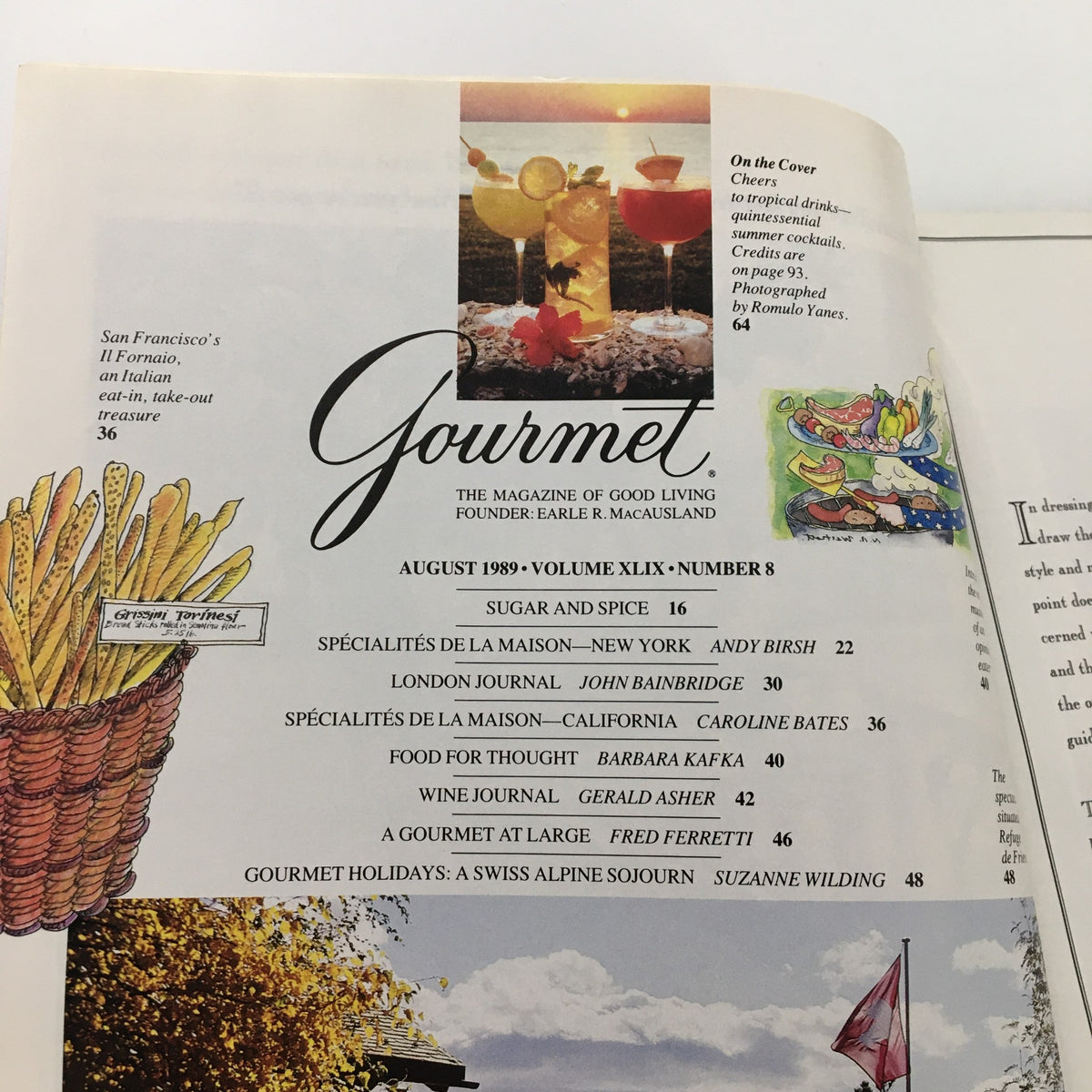 Interior page of VTG Gourmet Magazine August 1989 displaying the contents along with an image of tropical drinks. Highlights the magazine's focus on culinary and mixology arts.