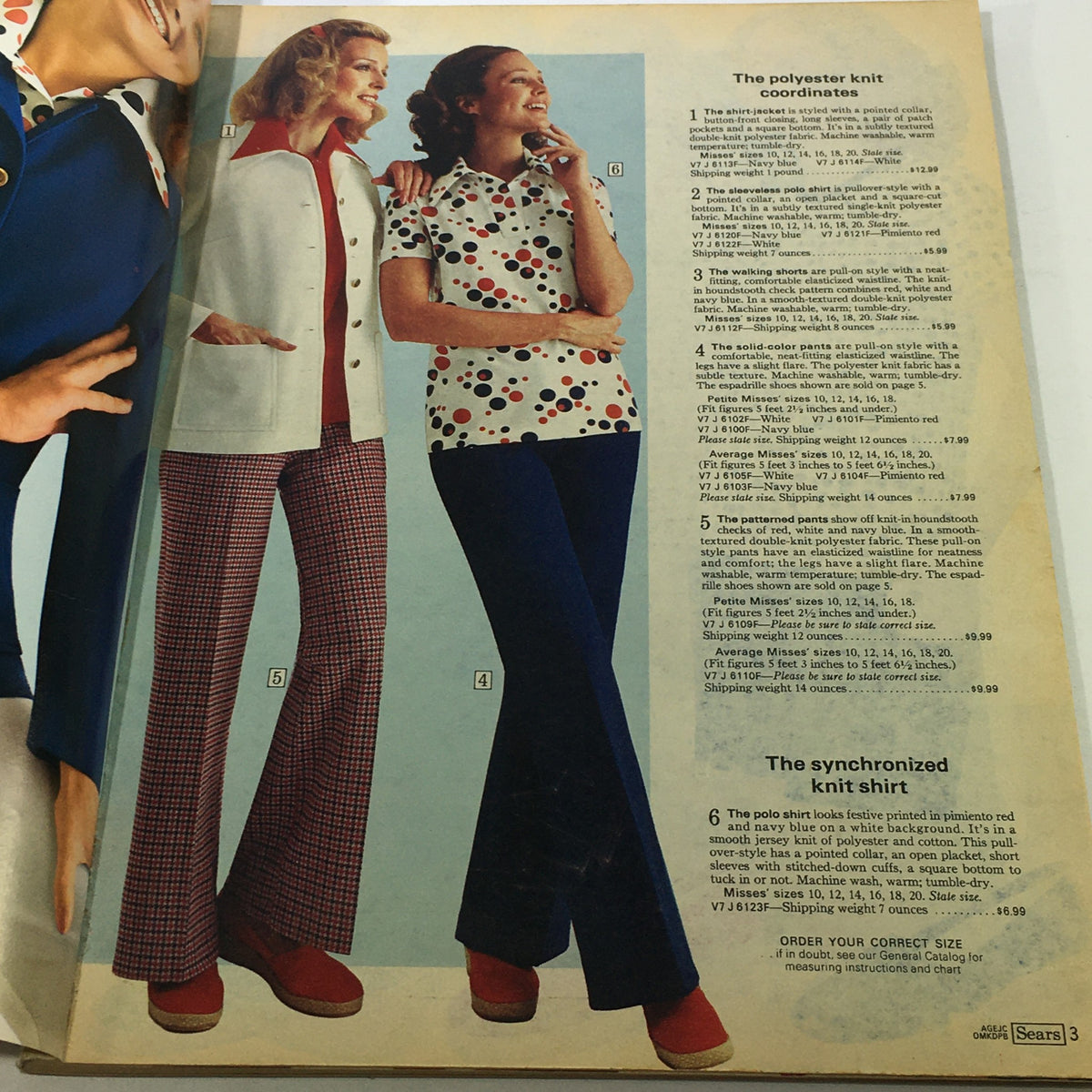 Inside page of the VTG Sears Catalog: August 12 1975 - Summer Catalog For The Year 1975, showcasing women’s fashion, including a white jacket and polka dot shirt.