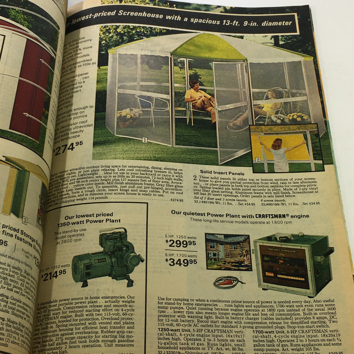 Image from VTG Sears Catalog: August 12 1975 - Summer Catalog For The Year 1975 showing a low-cost screen house with a spacious 13-ft. 9-in. diameter, featuring a man relaxing in a chair between two screen panels.