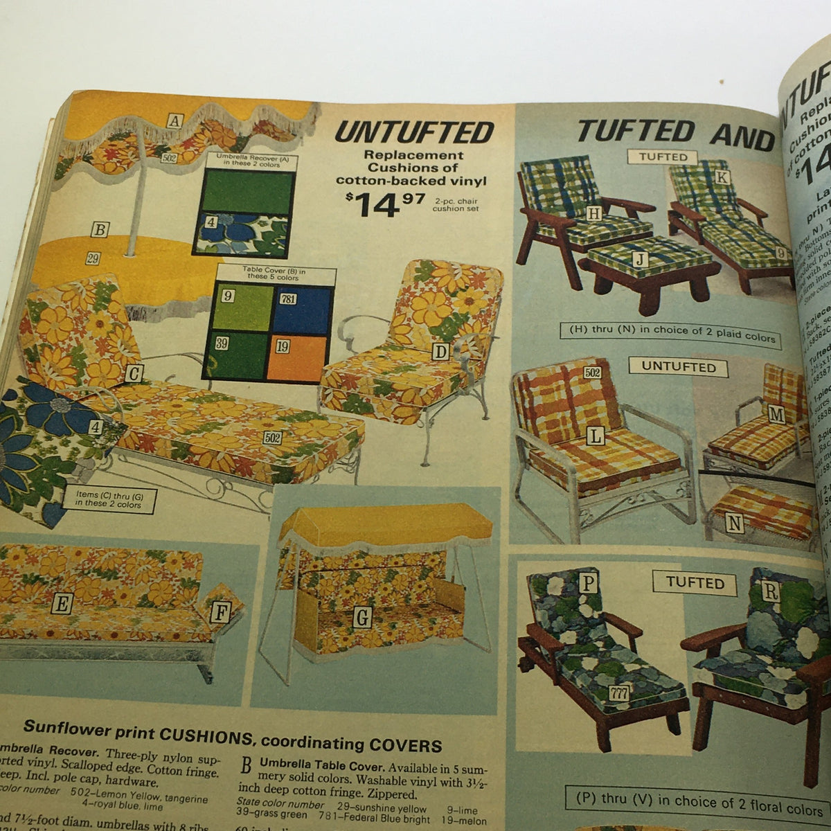 Image from VTG Sears Catalog: August 12 1975 - Summer Catalog For The Year 1975 showcasing untufted and tufted replacement cushions for outdoor furniture, highlighting various floral designs and colors.