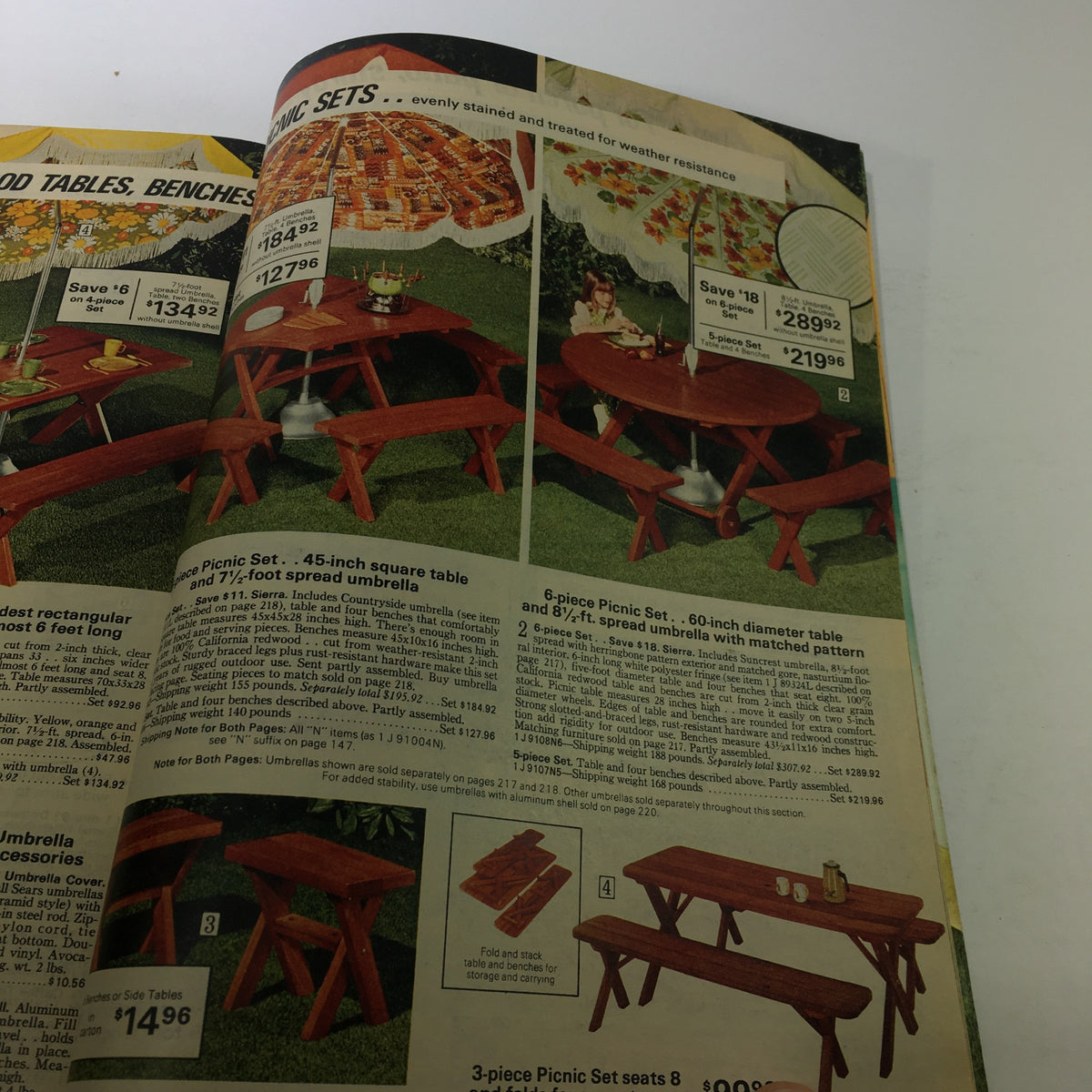 Image from VTG Sears Catalog: August 12 1975 - Summer Catalog For The Year 1975 displaying picnic sets, including a 6-piece set with a 60-inch diameter table and umbrella, emphasizing weather-resistant treatment.