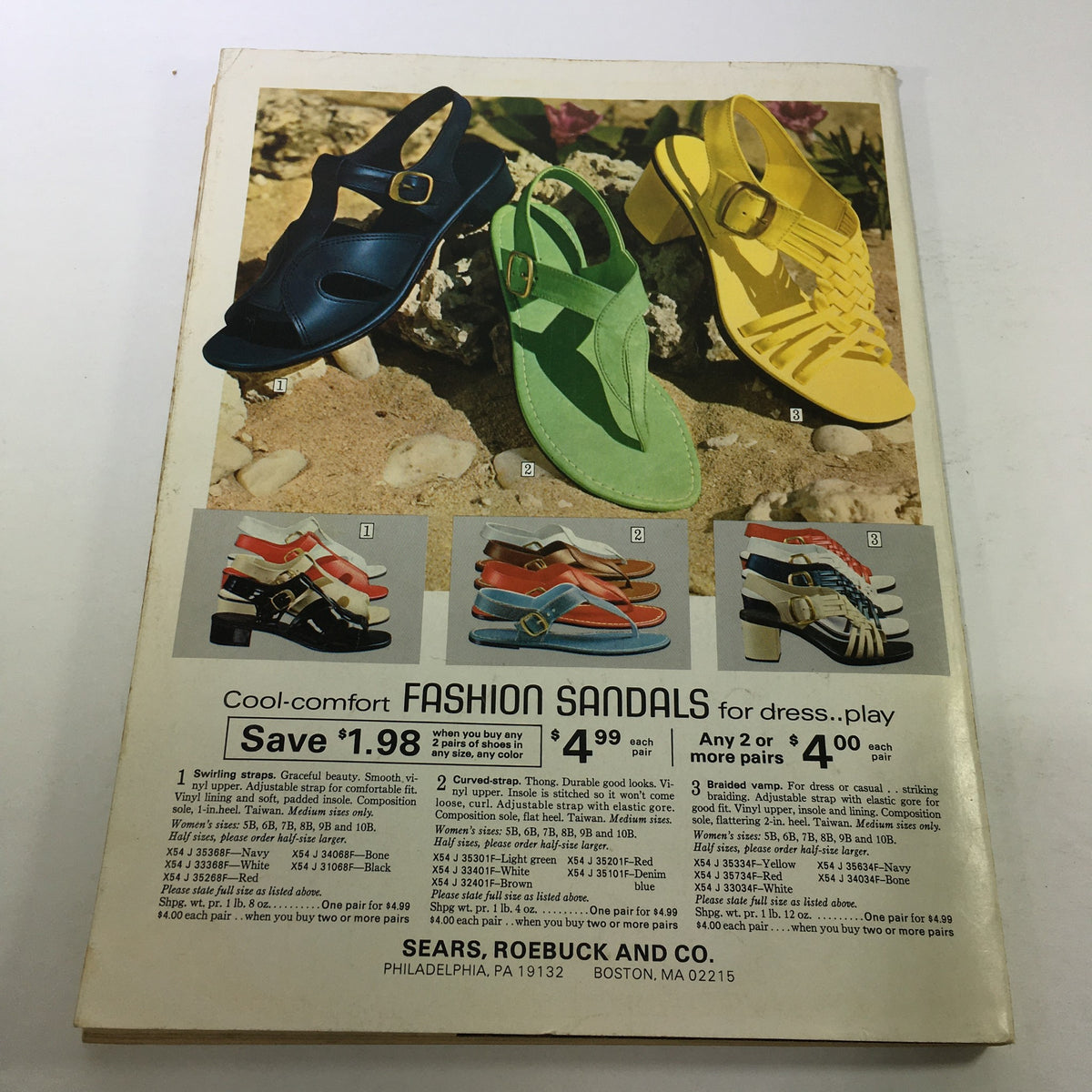 Image from VTG Sears Catalog: August 12 1975 - Summer Catalog For The Year 1975 featuring cool-comfort fashion sandals available in several colorful designs, pricing details included.