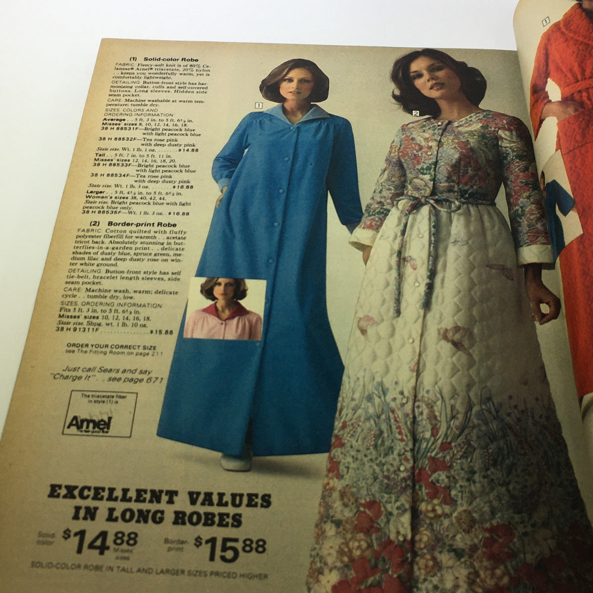 Stylish women's robes presented in the VTG Sears Catalog: Fall Winter 1976, illustrating options for long robes with detailed pricing and fabric descriptions.