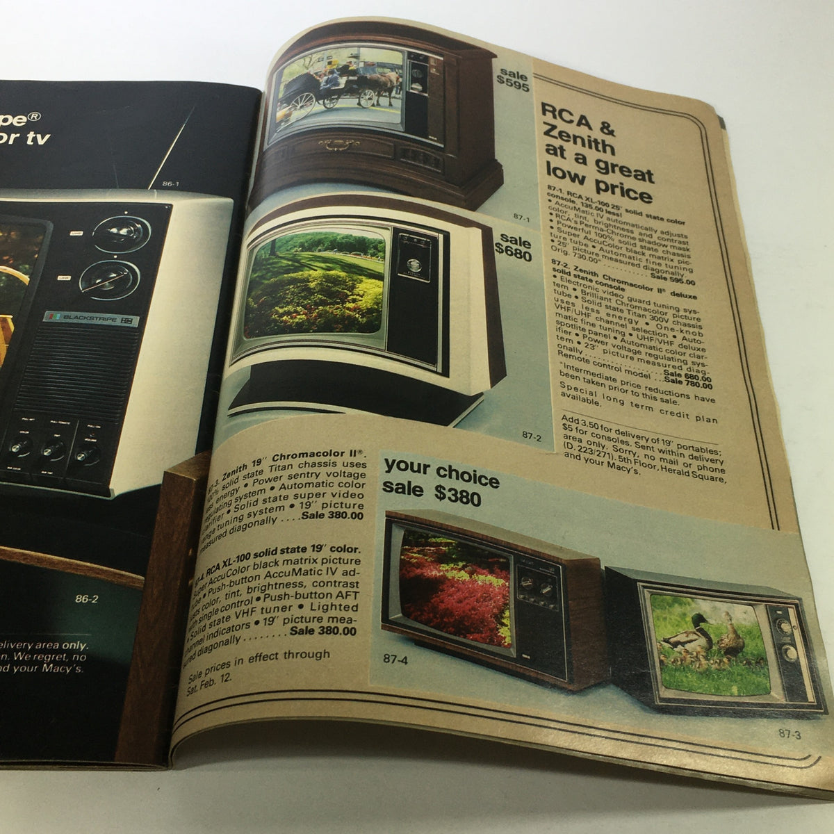 Electronics section of VTG Macy's The Cellar Catalog: February 1977 displaying televisions and their sale prices, highlighting vintage models.