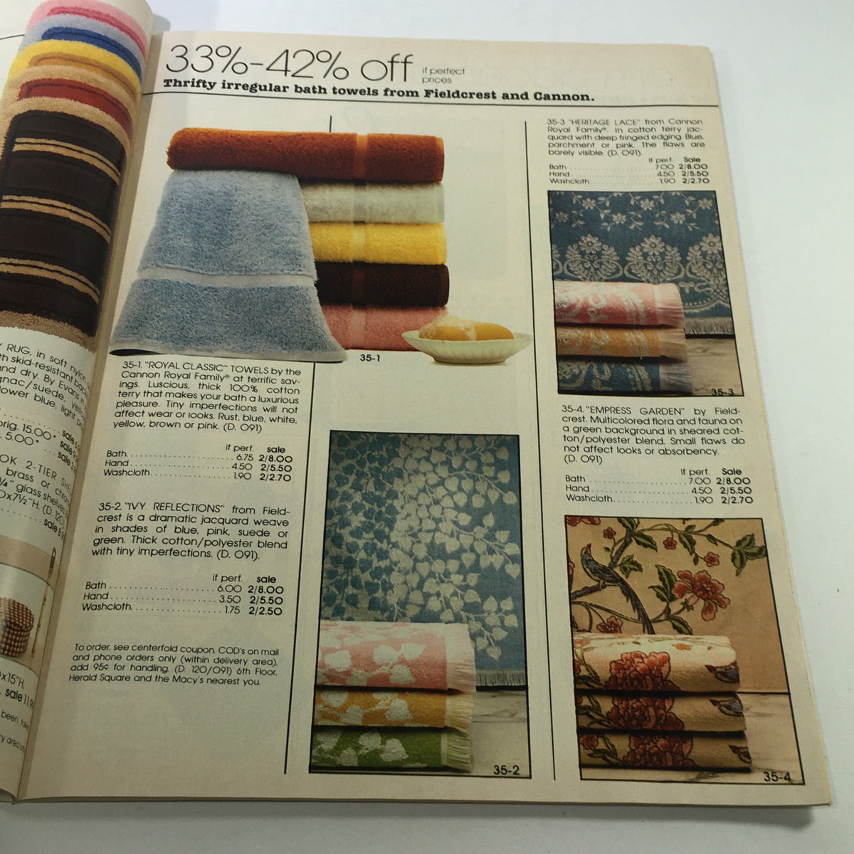 VTG Macy's Catalog: February 1979 displaying a range of colorful bath towels, highlighting products on sale from Fieldcrest and Cannon.
