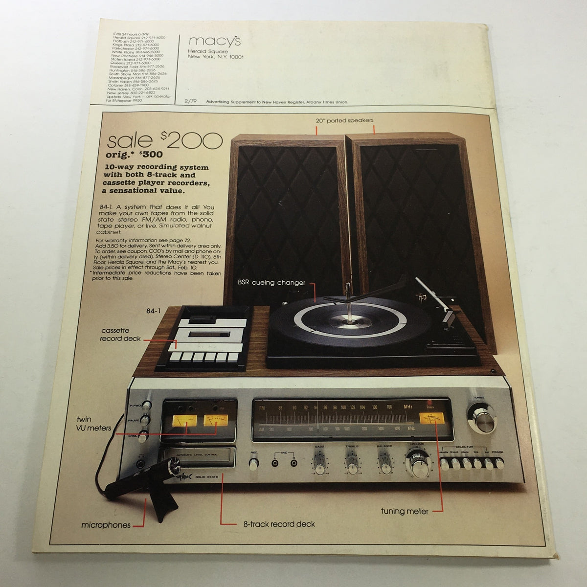 VTG Macy's Catalog: February 1979 featuring a 10-way recording system with an 8-track and cassette player, emphasizing its value and functionality.
