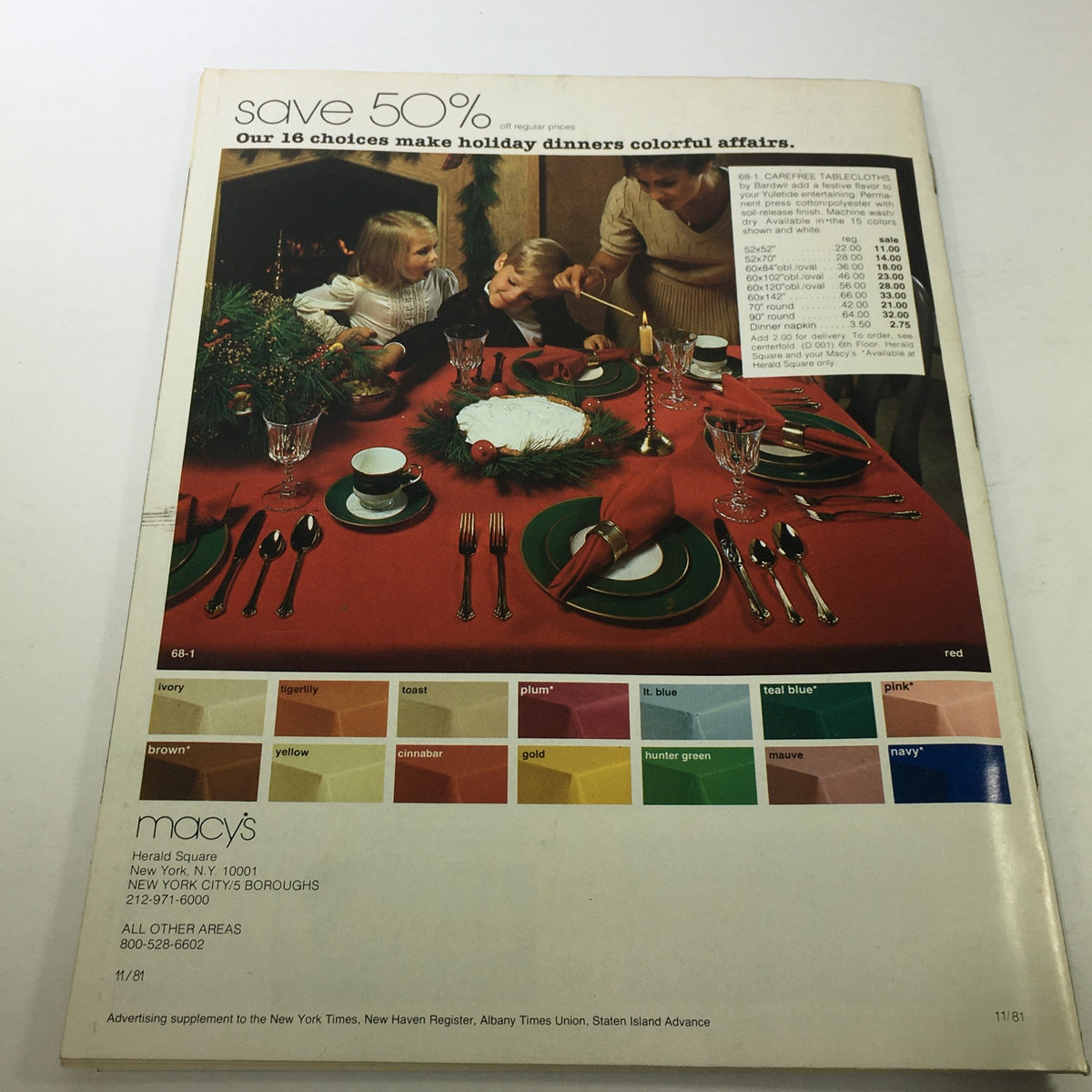 Back cover of VTG Macy's Catalog: November 1981 - Bedroom Price List Guide featuring a festive holiday dining scene, emphasizing seasonal dinnerware and table settings.