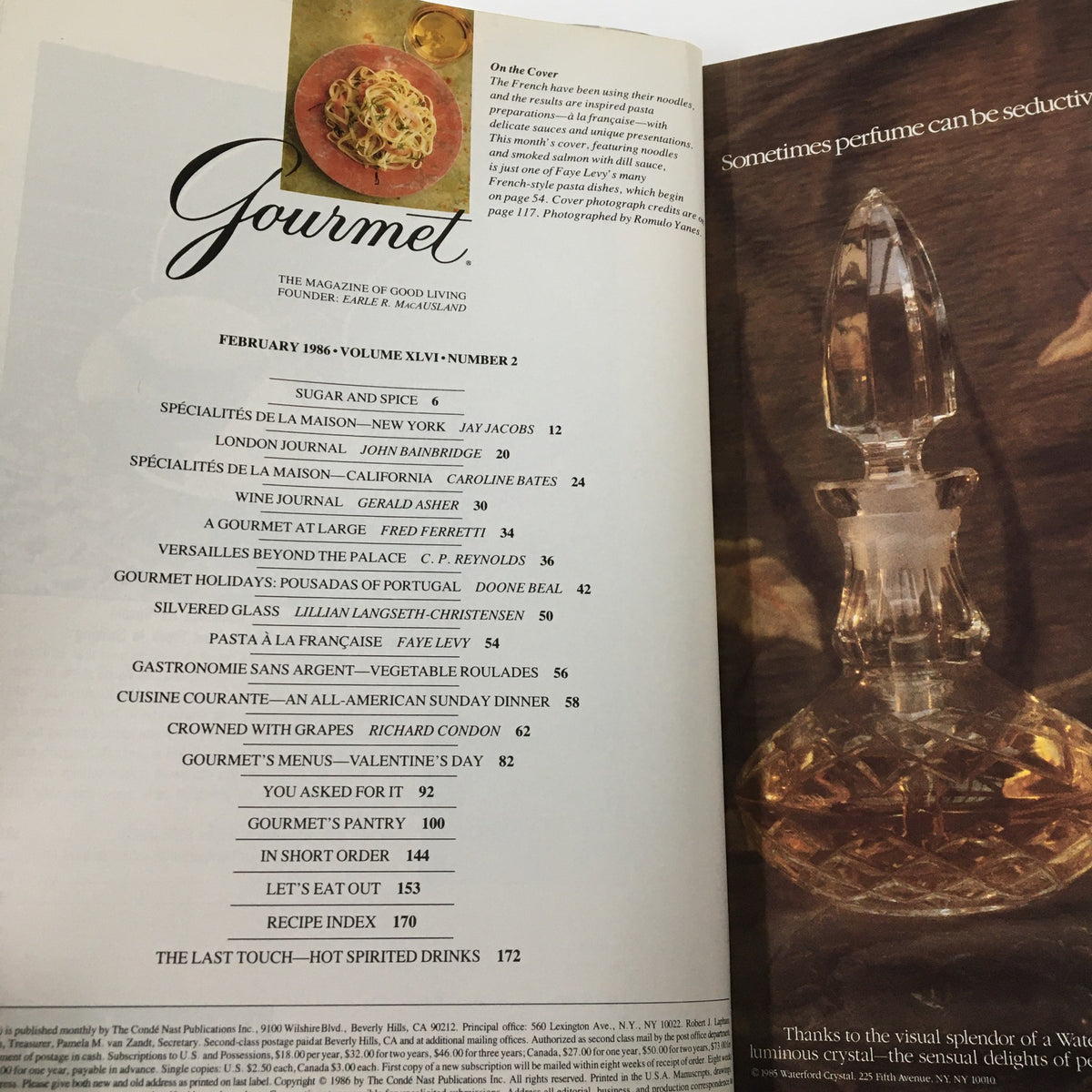 Interior page of VTG Gourmet Magazine February 1986 displaying the table of contents, showcasing various articles and recipes related to gourmet cuisine from that era.