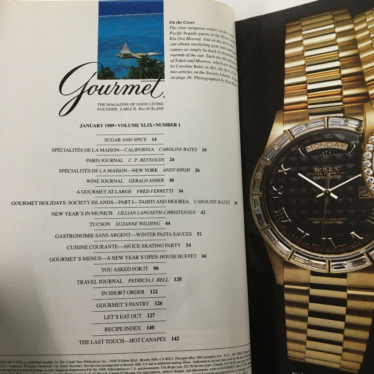 Interior page of VTG Gourmet Magazine January 1989 featuring the table of contents, highlighting articles including 'The Last Touch Hot Canapes' and showcasing January's culinary features.