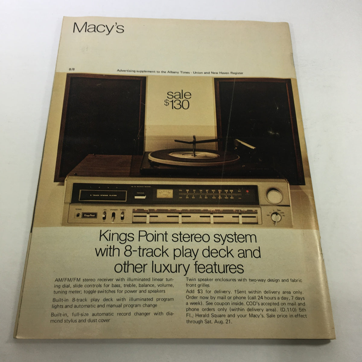 Cover page from VTG Macy's Magazine: August 1980 detailing the Kings Point stereo system with an 8-track player and sound features.