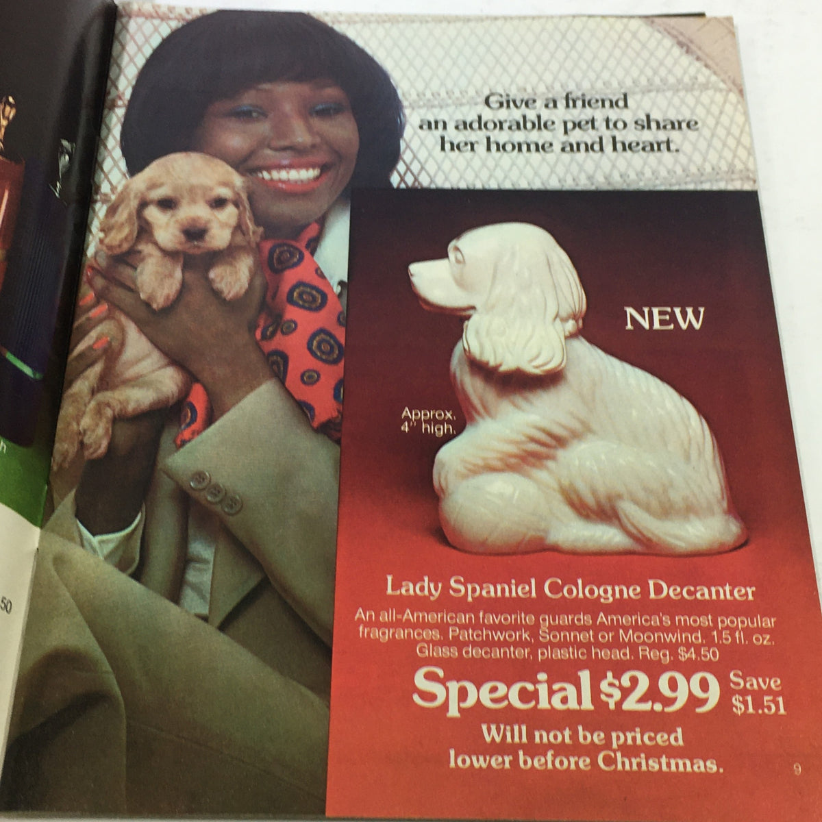 VTG Avon Catalog: 1974 - Fashion Accessory Brochure - A smiling woman holding a puppy, alongside a Lady Spaniel Cologne Decanter, 4 inches high, featured in the Avon catalog.
