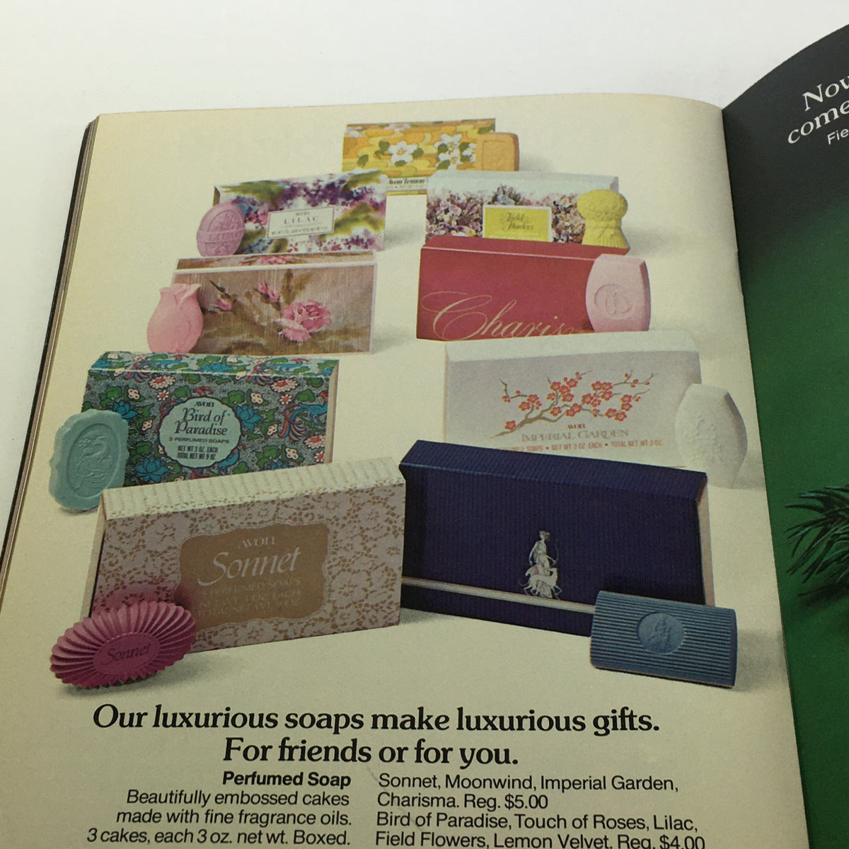 VTG Avon Catalog: 1974 - Fashion Accessory Brochure - Display of various beautifully packaged perfumed soaps from Avon, highlighting luxurious gifts for friends or personal use.
