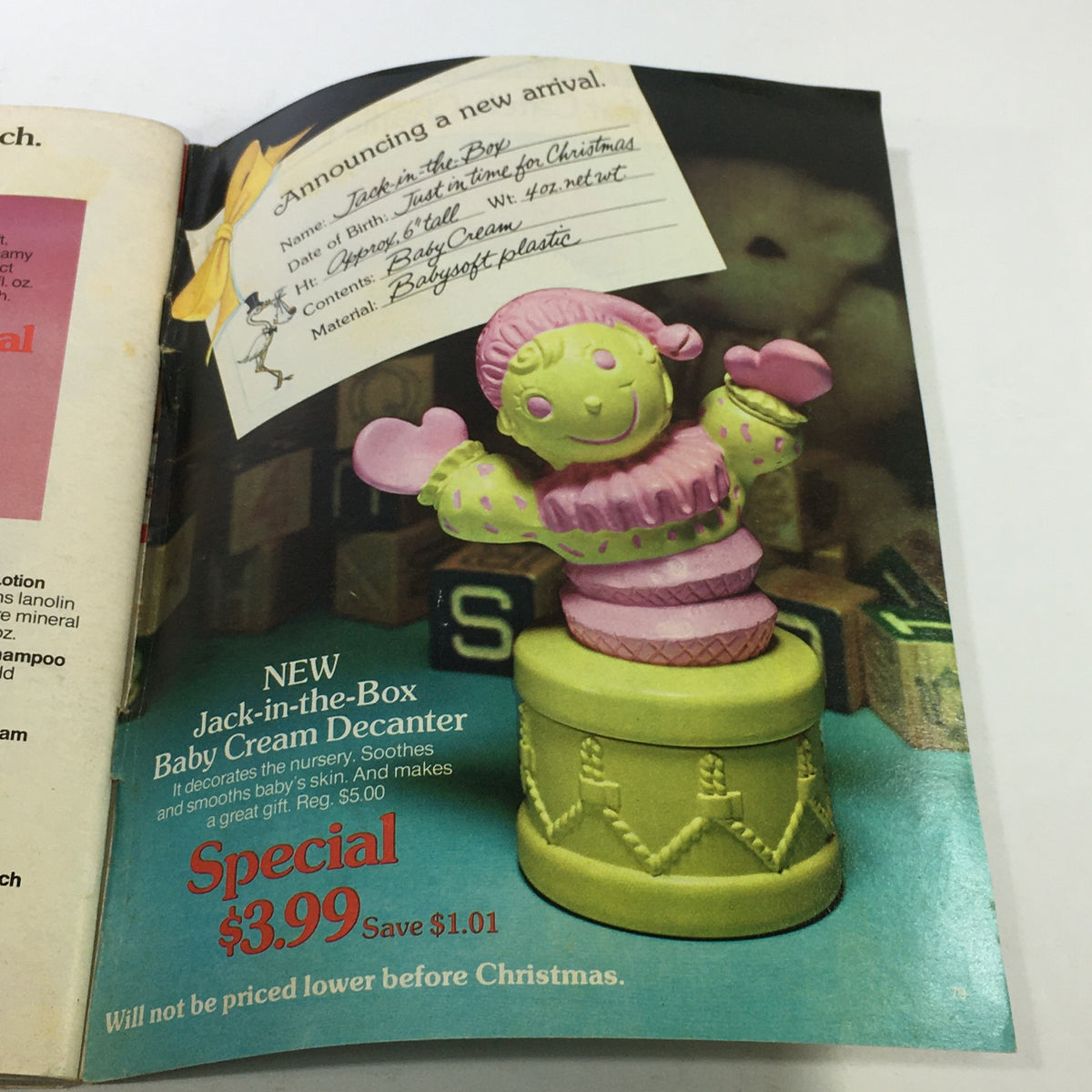 VTG Avon Catalog: 1974 - Fashion Accessory Brochure - Introduction of the Jack-in-the-Box Baby Cream Decanter, brightly colored and aimed at nursery decoration, as featured in the Avon catalog.