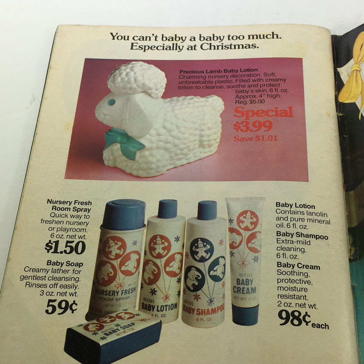 VTG Avon Catalog: 1974 - Fashion Accessory Brochure features a Precious Lamb Baby Lotion container, labeled at a special price of $3.99, alongside other baby care products like Nursery Fresh Room Spray and Baby Soap.