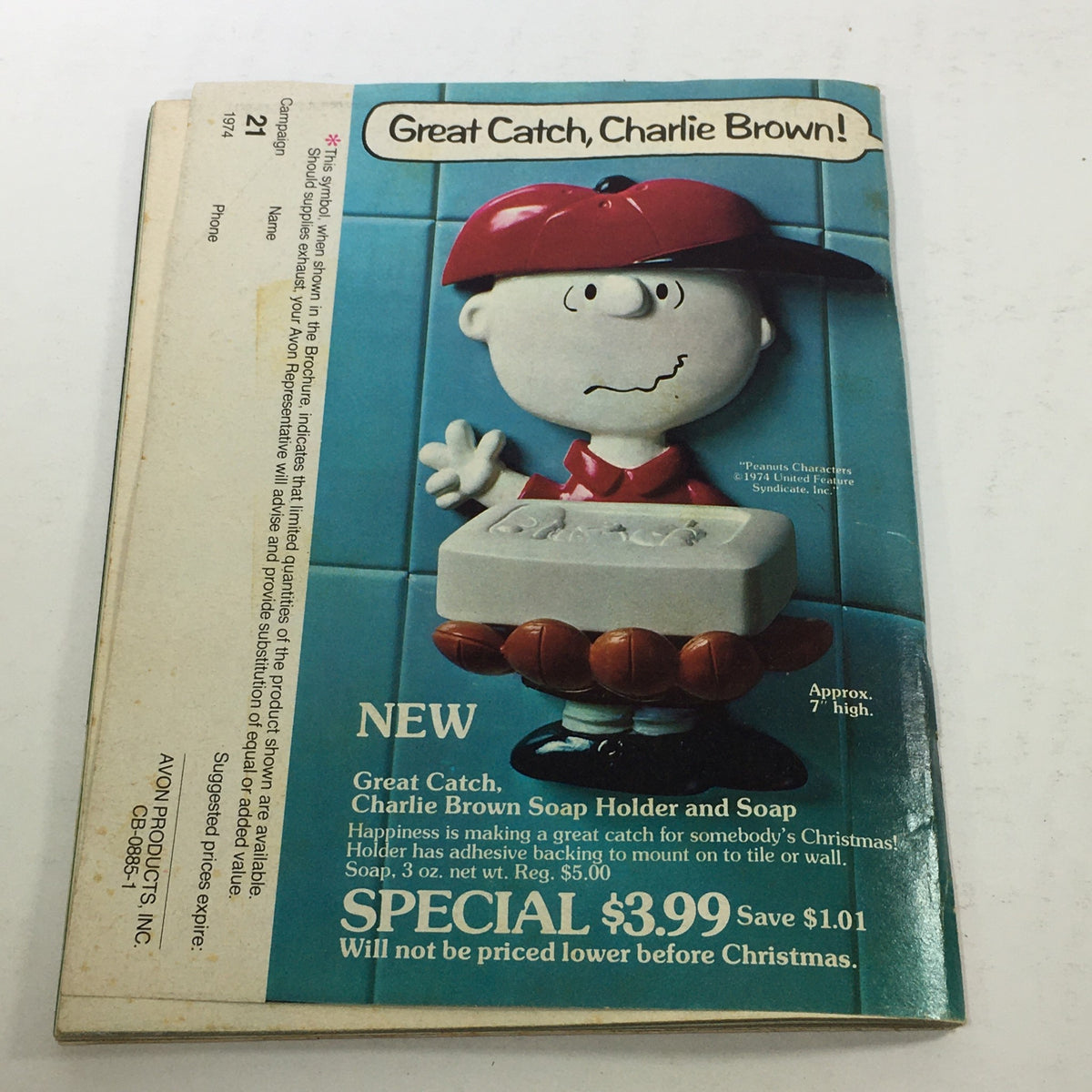 VTG Avon Catalog: 1974 - Fashion Accessory Brochure showcases the Great Catch, Charlie Brown Soap Holder and Soap, displayed at a special price of $3.99, emphasizing its fun design and promotional details.