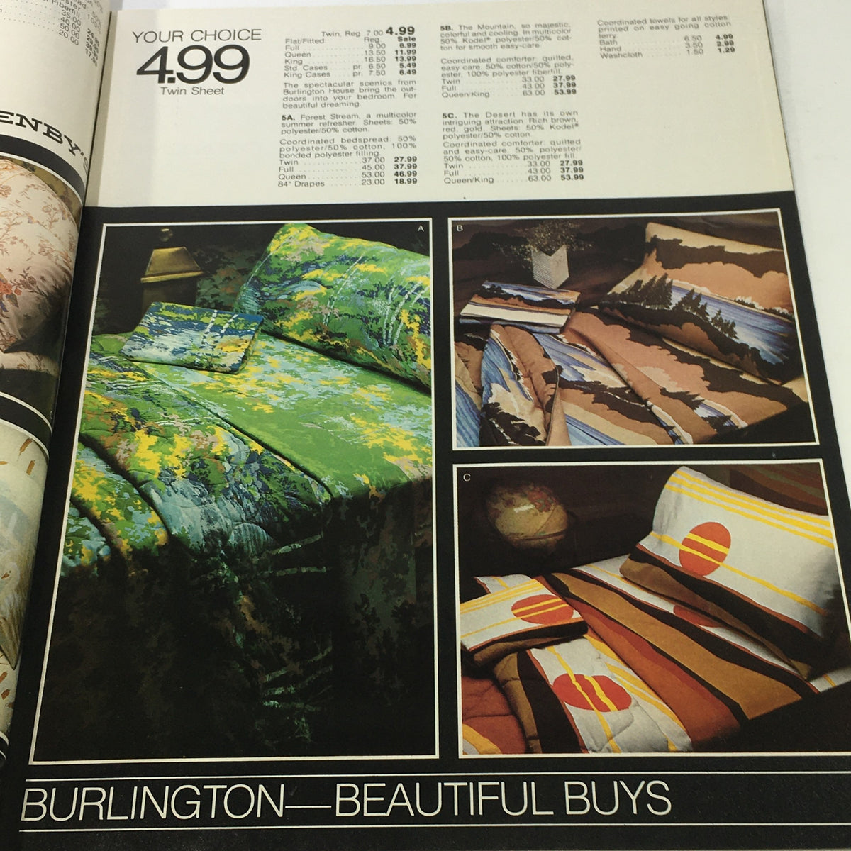 VTG Denby's Catalog: 1980s - Summer White Sale Guide showcasing a price list for twin sheets and bedding options, highlighted by a vibrant green quilt and floral designs.