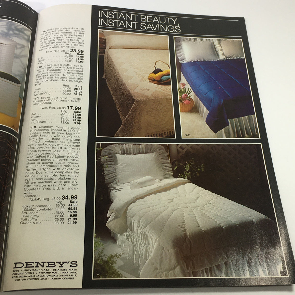 VTG Denby's Catalog: 1980s - Summer White Sale Guide featuring an assortment of beddings, including a lacy twin cover, a blue comforter, and a frilled white bedspread, emphasizing instant beauty and savings.