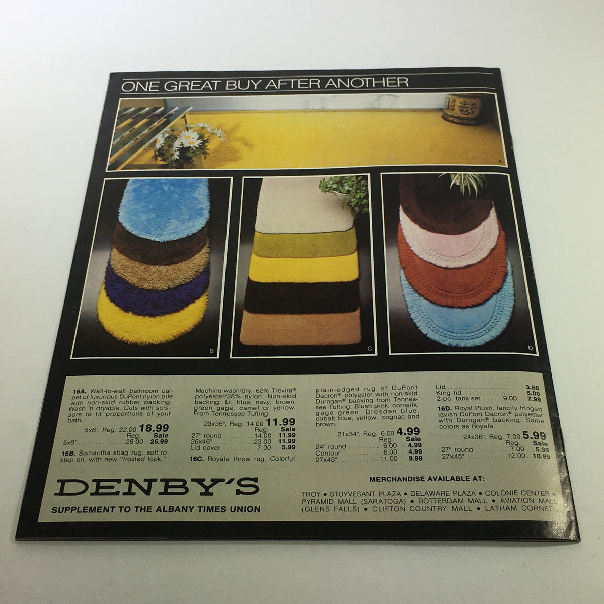 VTG Denby's Catalog: 1980s - Summer White Sale Guide showcasing various colorful rugs and carpets along with their pricing details from the catalog.