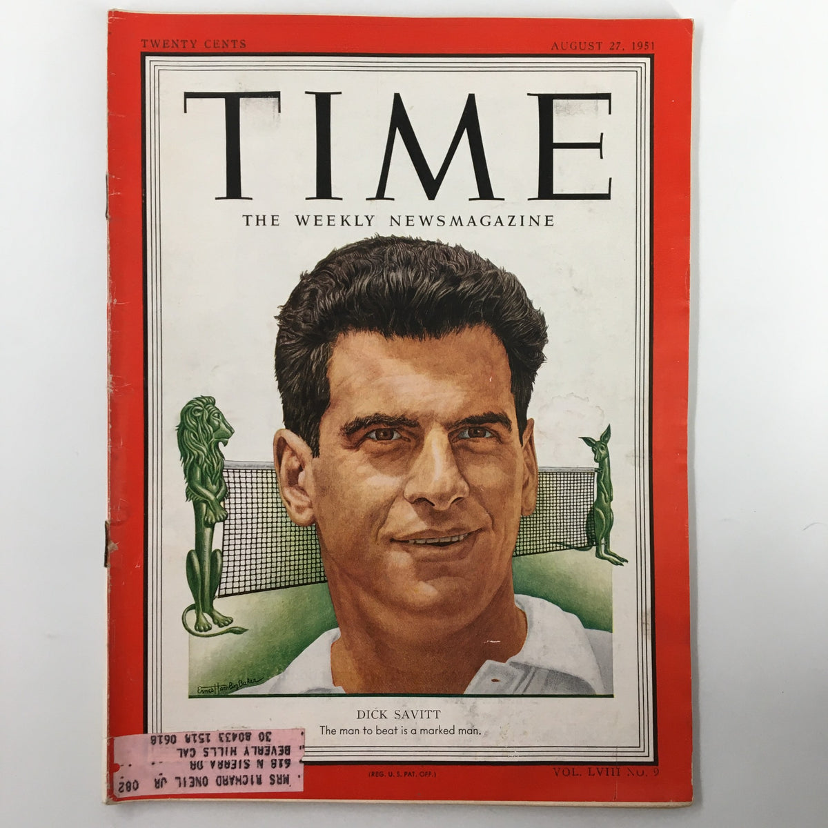 VTG Time Magazine August 27 1951 featuring Dick Savitt, a historical publication with cover art depicting Savitt and a tennis theme, Vol. 58 No. 9.