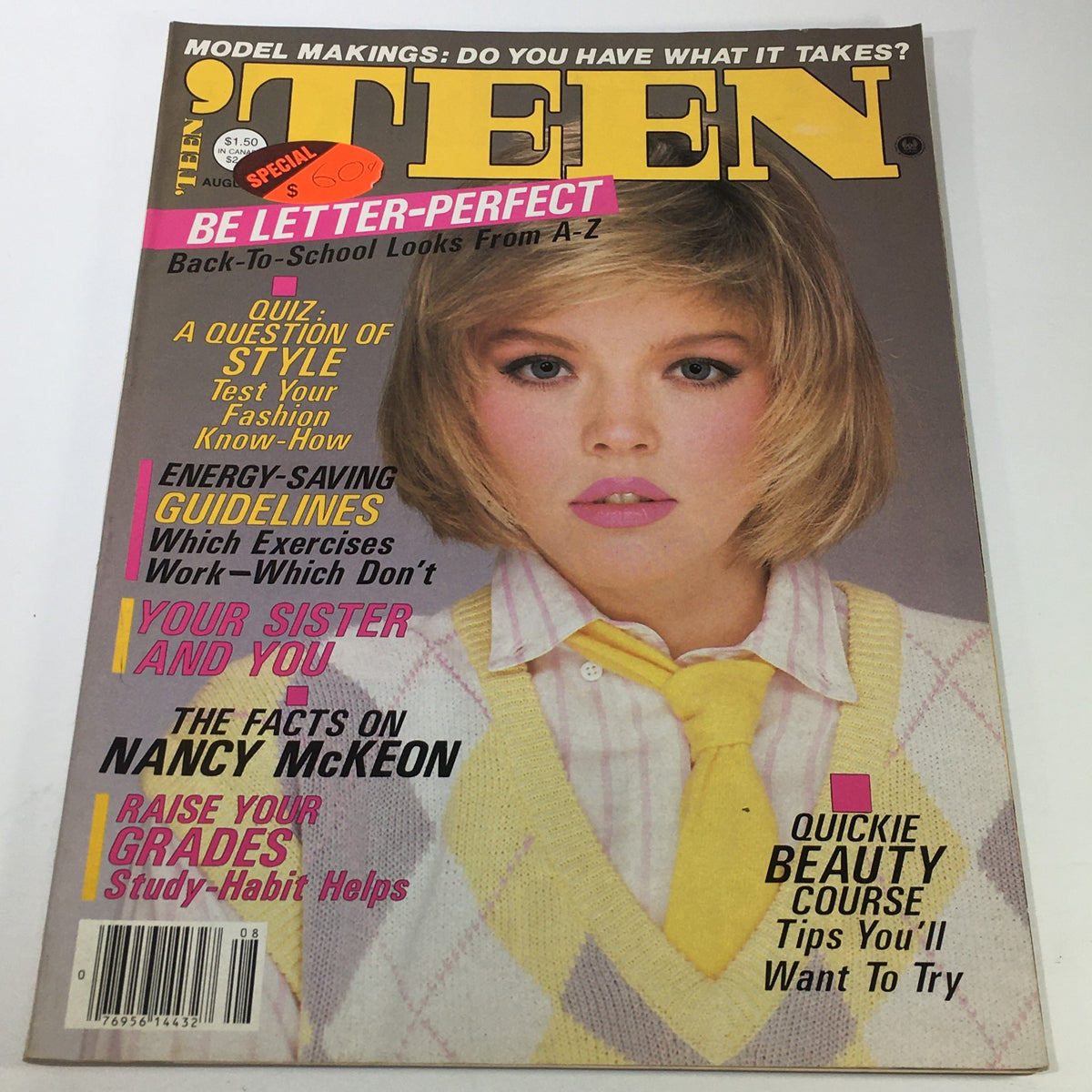 Vintage 'Teen Magazine from August 1983 featuring Nancy McKeon - Cover image showcasing a young woman with a stylish bob haircut, wearing an argyle sweater and a yellow tie.