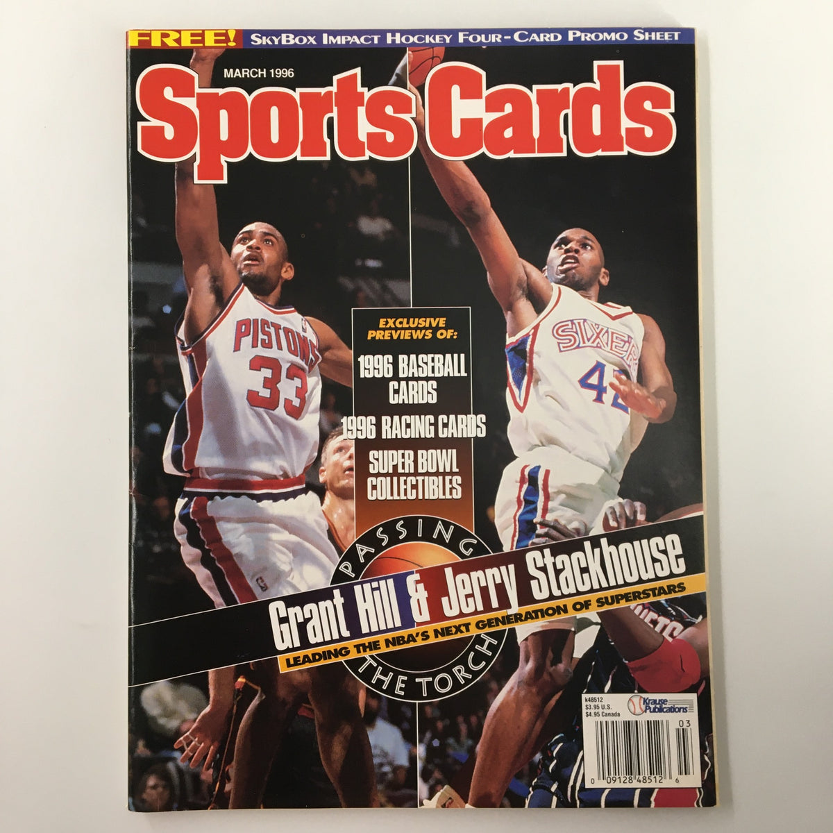 Cover of Sports Cards Magazine from March 1996 featuring basketball players Grant Hill and Jerry Stackhouse, highlighting exclusive previews of 1996 baseball cards, racing cards, and Super Bowl collectibles.