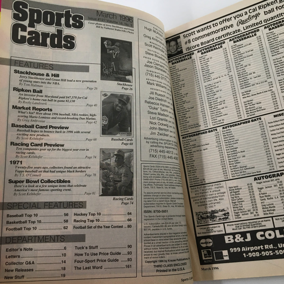 Interior view of the Sports Cards Magazine from March 1996 showcasing features including Jerry Stackhouse and Grant Hill, articles on baseball cards, racing cards, and collectibles, reflecting the excitement of basketball culture in the 90s.