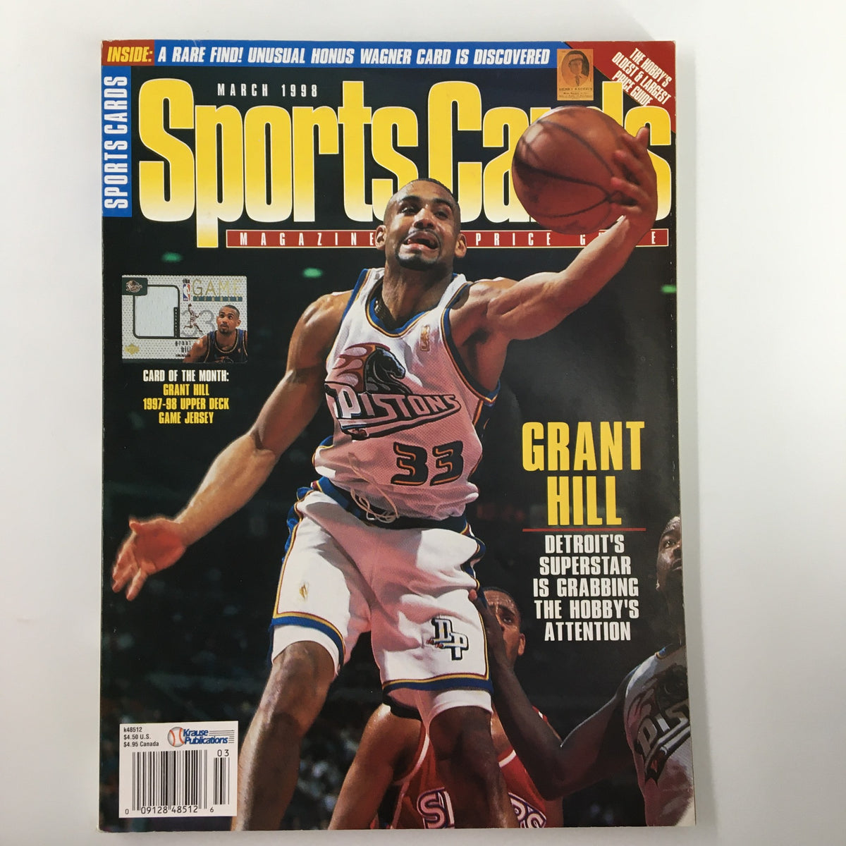 Sports Cards Magazine March 1998 featuring Grant Hill of the Detroit Pistons, showcasing his impact on basketball and collectibles.