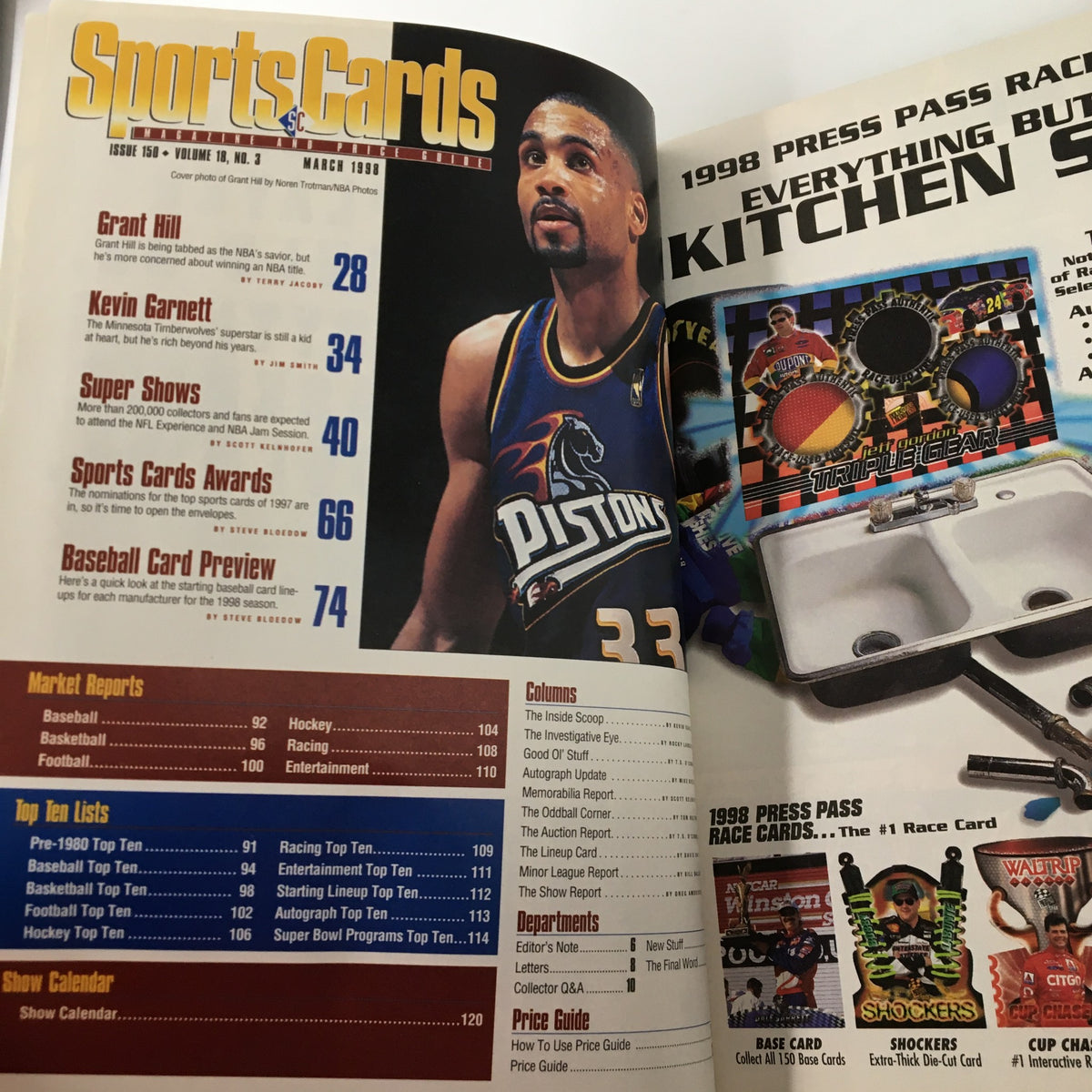 Inside page of Sports Cards Magazine March 1998, highlighting Grant Hill's story and listing various sports card features and market reports.