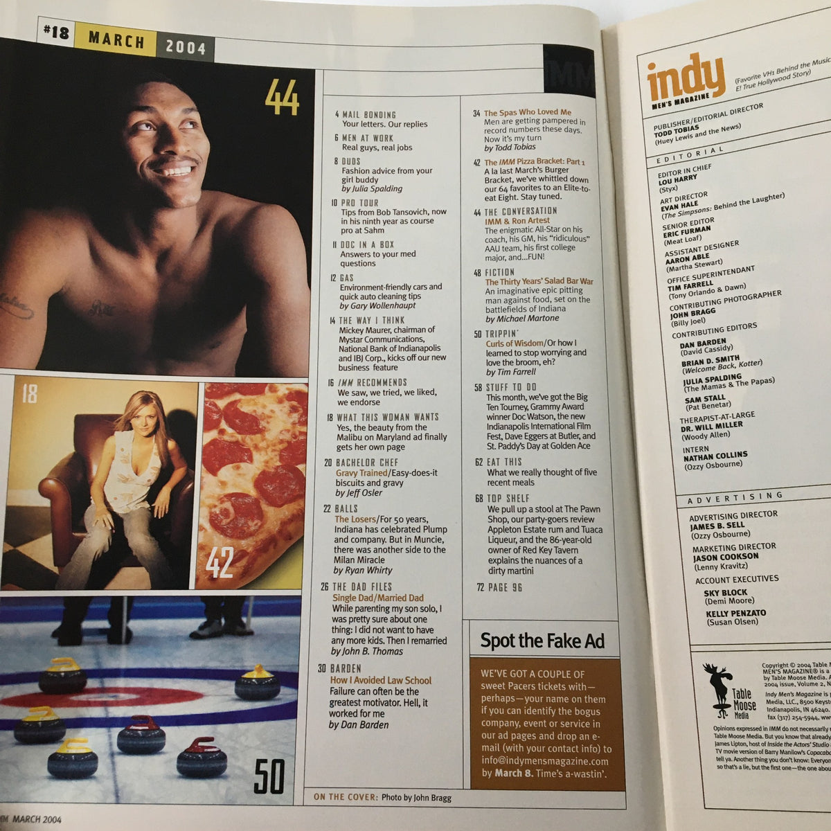 Inside spread of Indy Men's Magazine March 2004, includes Table of Contents and feature sections, highlighting topics like pizza and wellness.