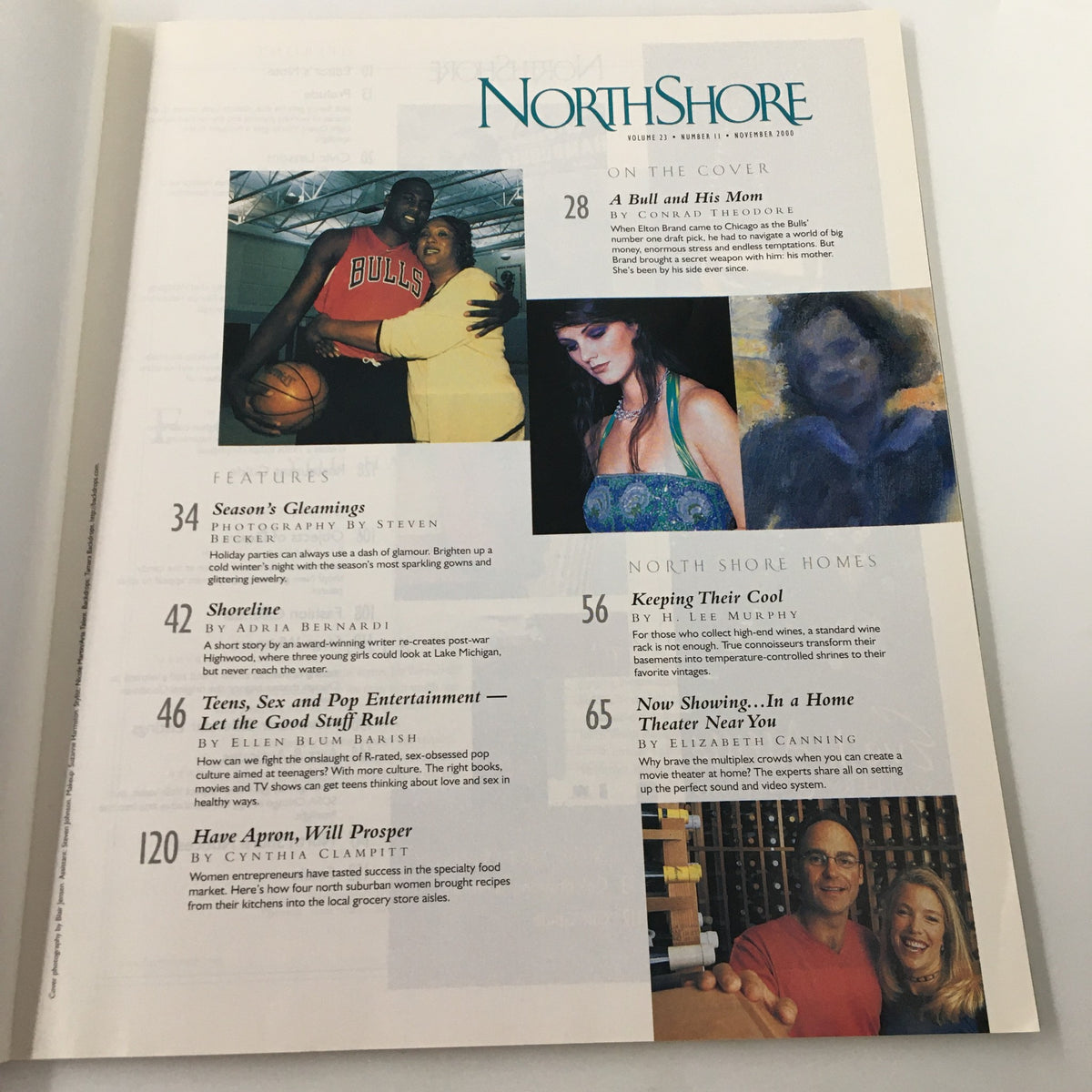 North Shore Magazine November 2000 interior page with features including an article on Elton Brand of the Chicago Bulls and insights into local culture.