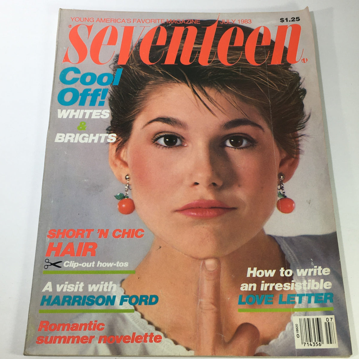 Cover of VTG Seventeen Magazine: July 1983 featuring a model with short hair and large earrings, highlighting topics like fashion, beauty, and a visit with Harrison Ford.