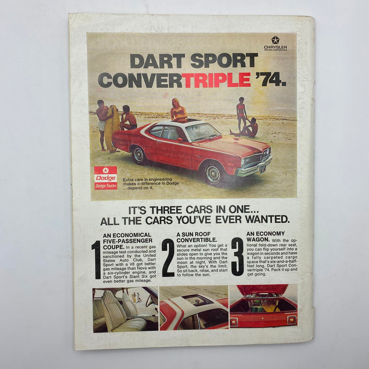 Back cover advertisement of the Playboy Magazine June 1974 featuring a promotional image for the Dodge Dart Sport Convertible, depicting a red car and beach scene.