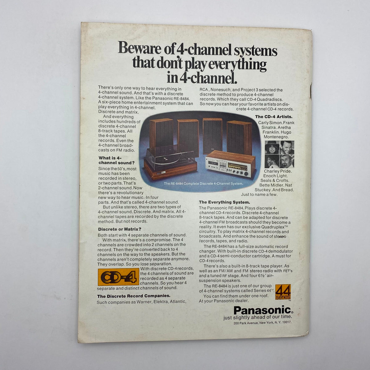 Back cover of Playboy Magazine April 1974 featuring advertisement for 4-channel audio systems and Panasonic RE-848.
