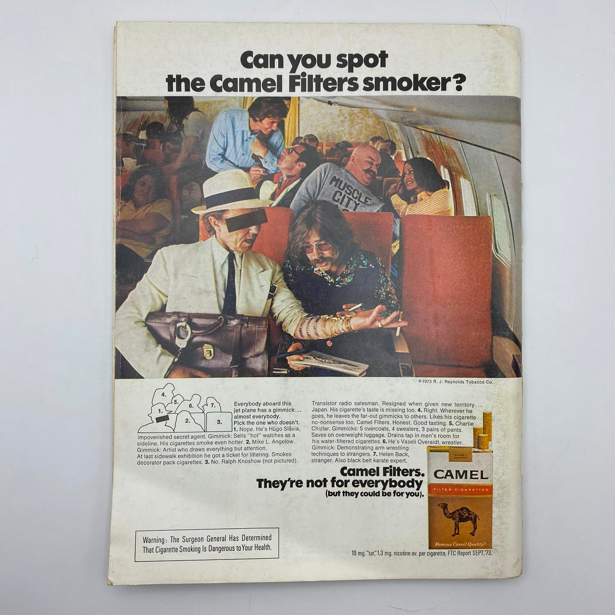 Back cover of Playboy Magazine February 1974 featuring a Camel Filters advertisement, capturing vintage marketing in the airline setting.